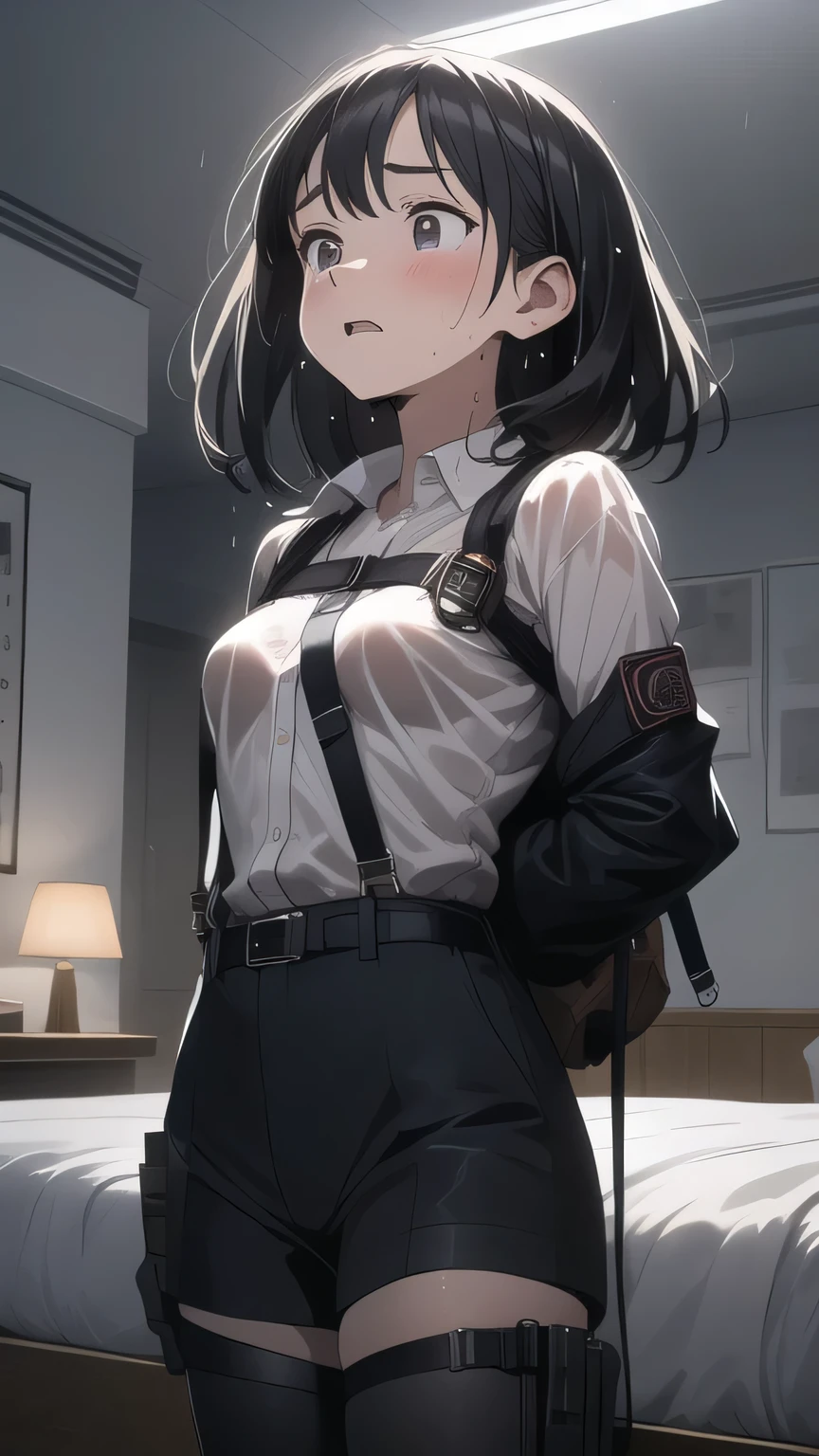 1 female, , high quality, masterpiece, Ultra-high resolution, , Cinema Lighting, , , And the suspenders with the cranes flying Large Breasts Small face holster Lying in bed Looking up Sweat belt summer 脇Sweat Black Hole Gloves suit shirt Black jacket Black trousers Leg Links Belt on pants holster Hands behind your back Anxious expression Looking up Anxious face, legs apart Armament Handgun handcuffs Cable ties Leg holster holster See-through clothing heavy rain Getting wet in the rain 脇sweat 発sweat sweat See-through clothing