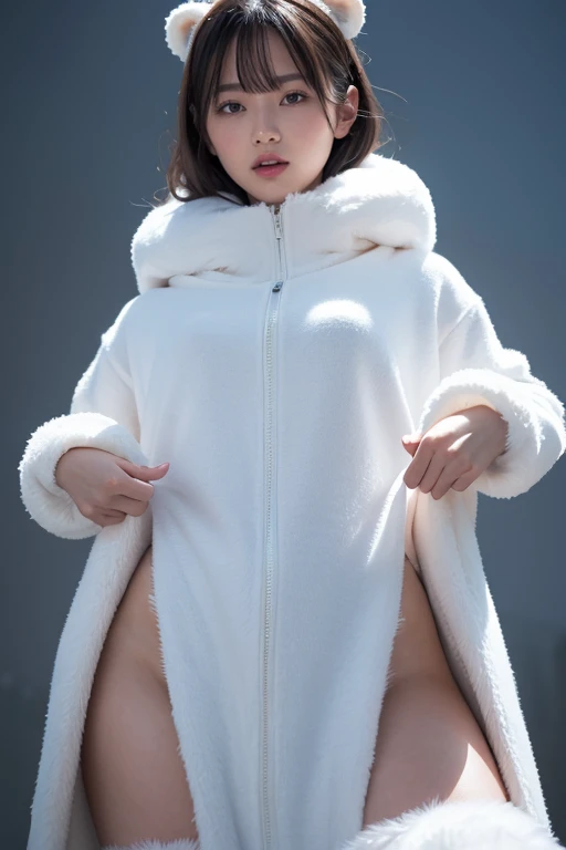 (8k, RAW Photos,Best Quality, High resolution:1.1), (超Realisticな:1.4),(Realistic, Realistic:1.3)
The background is dark, the gaze is glaring at us, the hair is long and white, the tongue is sticking out, the figure is 9 heads tall, the costume is a bear costume, the whole body is viewed from below, the posture is standing facing left