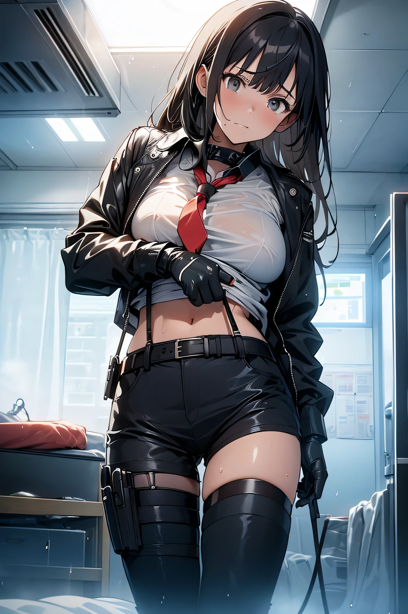 1 female, , high quality, masterpiece, Ultra-high resolution, , Cinema Lighting, , , And the suspenders with the cranes flying Large Breasts Small face holster Lying in bed Looking up Sweat belt summer 脇Sweat Black Hole Gloves suit shirt Black jacket Black trousers Leg Links Belt on pants holster Hands behind your back Anxious expression Looking up Anxious face, legs apart Armament Handgun handcuffs Cable ties Leg holster holster See-through clothing heavy rain Getting wet in the rain 脇sweat 発sweat sweat See-through clothing