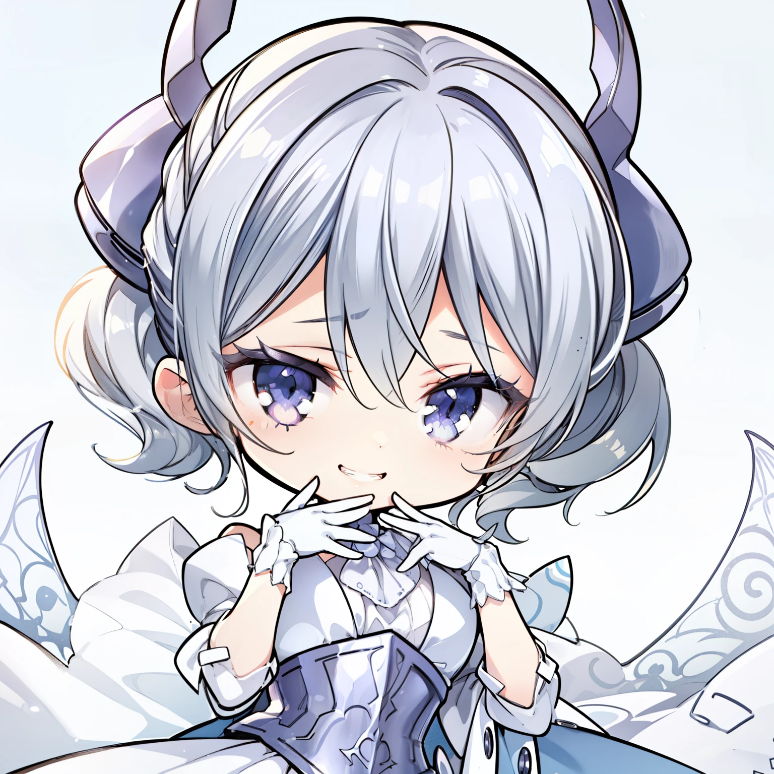 Silver short hair, Silver Horn,  White Dress, White Cape, Puffed sleeves, White gloves, silver corset, 


(Chibi Character)、
Grin、


Simple Background、

Written boundary depth、
((Best Quality, High resolution, Pixel perfect, 4K)), (1 girl), (Beautiful Anime Girls), Perfect body, 