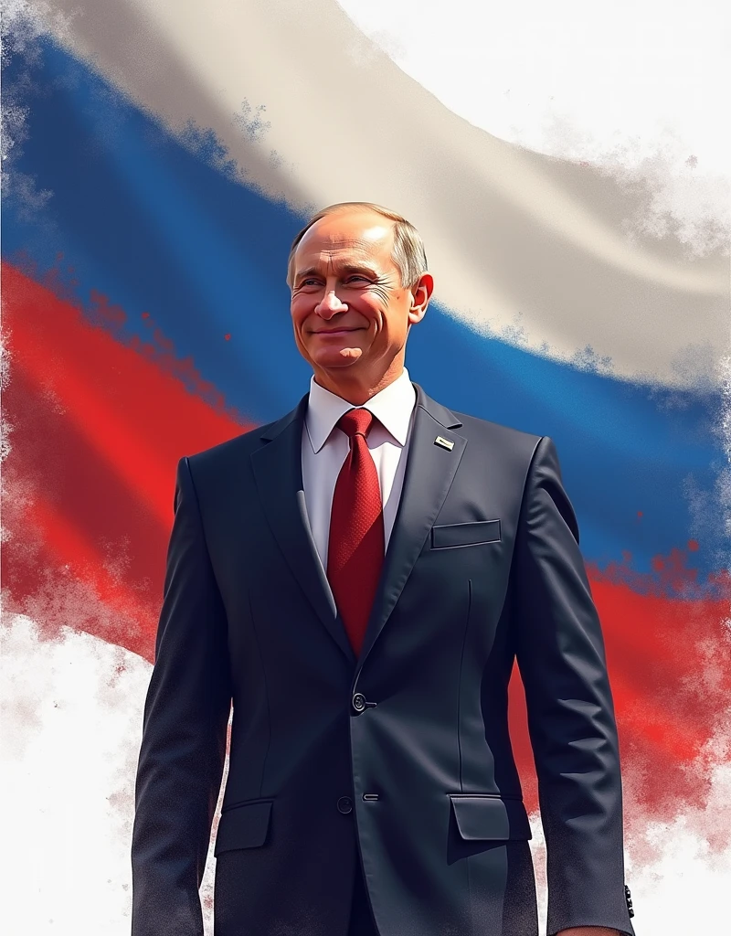 Vladimir Putin with a nuclear suitcase in his hands, Sly smile, president, flag of Russia, business suit, cabinet