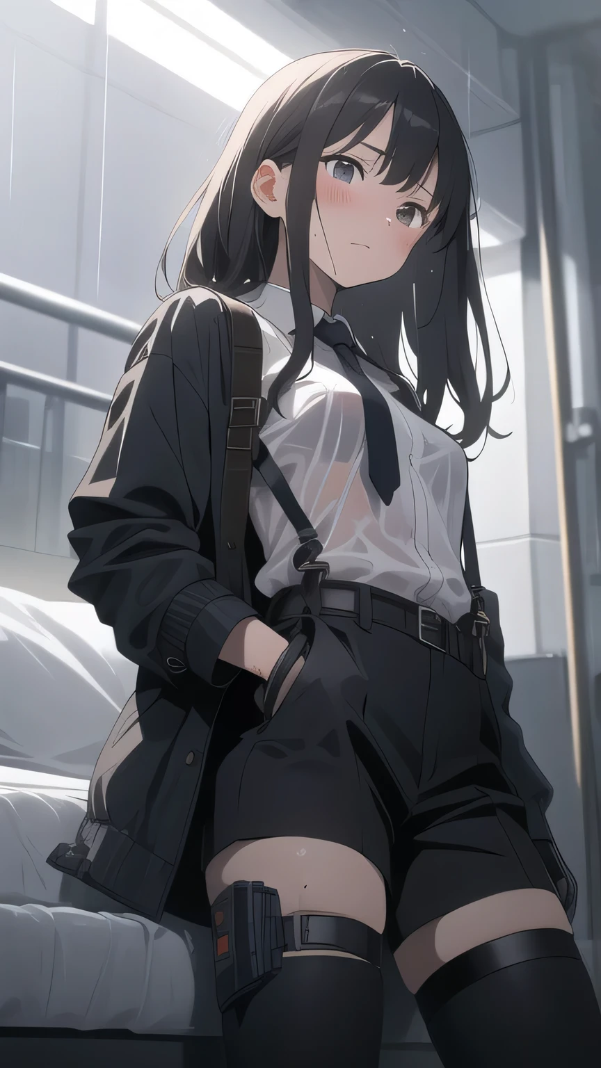 1 female, , high quality, masterpiece, Ultra-high resolution, , Cinema Lighting, , , And the suspenders with the cranes flying　　　Large Breasts　 　 　　　　Small face　 　　　holster　　　　　　　 Lying in bed　Looking up　　　　Sweat 　　　belt　summer　脇Sweat 　Black Hole Gloves　suit　shirt　　Black jacket　 Black trousers　Leg Links　Belt on pants　　holster　 　　Hands behind your back　 Anxious expression　Looking up　Anxious face, legs apart　Armament　Handgun　handcuffs　Cable ties　Leg holster　holster　See-through clothing　heavy rain　Getting wet in the rain 　脇sweat　発sweat　sweat　See-through clothing
