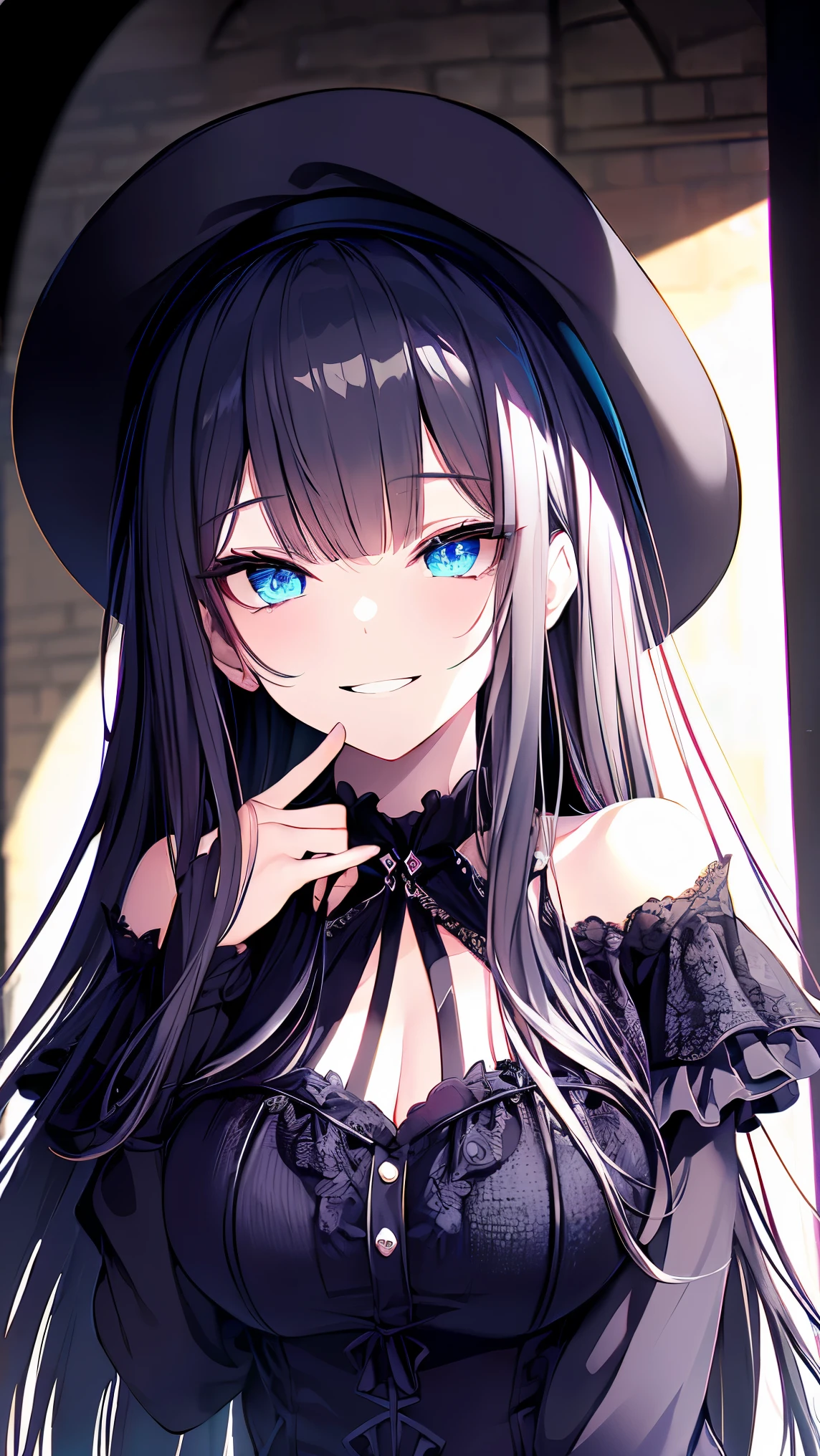 (masterpiece), high details, high quality, (best quality), (super detail), perfect detailed eyes, perfect detailed face, Gothic art, chiaroscuro, dark blue hair, very long hair, tokin hat, A provocative look, a grin, Off the shoulder, Immoral, decadent, Old castle, cowboy shot, Gothic Lolita, Gothic Lolita Dress