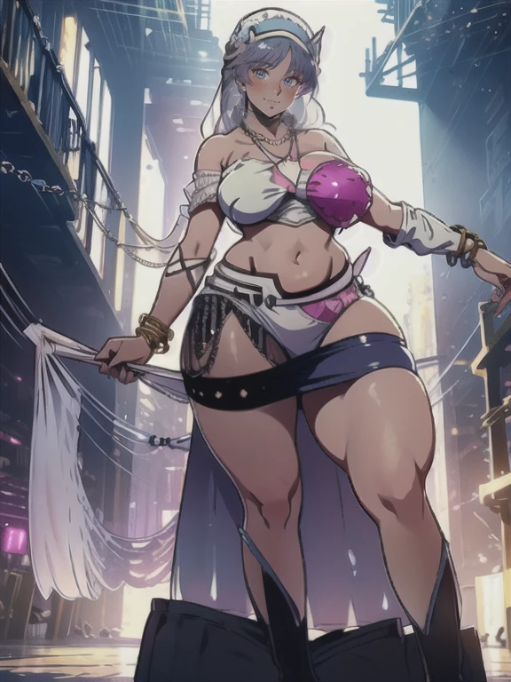 master piece, Pixels are perfect, top-quality, ​masterpiece, 4K, 8K, ((((unreal engine)))), ultra-high-resolution, professional lighting, physically-based rendering, Perfect anatomy, (((asymmetry white-and-pink two-tone One-Shoulder-Bikini made of sequin-material, The pink-part of the bikini is covered with sequins))), ((1 lady)), ((solo lady)), ((alone lady)), mature female, milf, shy smile, blush, open mouth, (((Spread Your Legs))), Sticking out your crotch, (((lap dance))), twist your waist, (looking down), symmetry boobs, (((gigantic boobs))), ((wide hips)), (((Heavyset Body))), (((Plump shape))), (((((transparent veil fabric skirt))))), (show off panties), White-and-pink bikini, See-through boots, Aoi, striptease, bellydancer cosplay, bellydancer outfit, (((((transparent veil, bracelet, navel, necklace, golden body-chains))))), ((low-cut bikini shorts with Slim-white-waist-belt)), light-blue hair, (((bulge of the crotch area))), bulge of the groin, crotch, (close-up of your crotch), [Anime art style of the 1990s], (((((from below)))))
