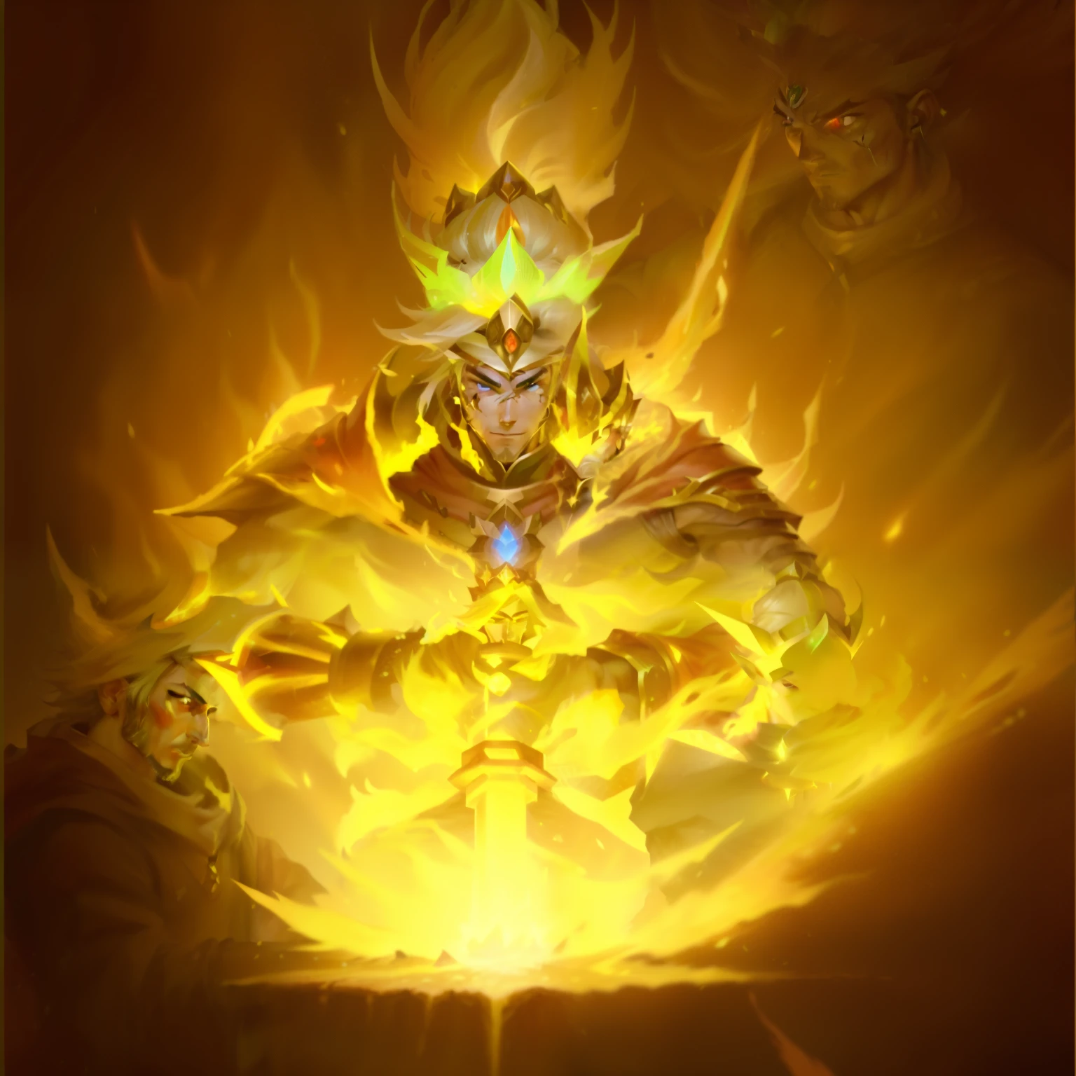 A man wearing a crown with a fire on his chest,Holding a sword in the ground， Holy Flame Crown Spell, Anti-dark glow power aura, Aura of power. Detailed, fire spell, Skill Icon，英雄联盟Skill Icon， League of Legends Inventory Items， Stylized game icons， League of Legends style，
