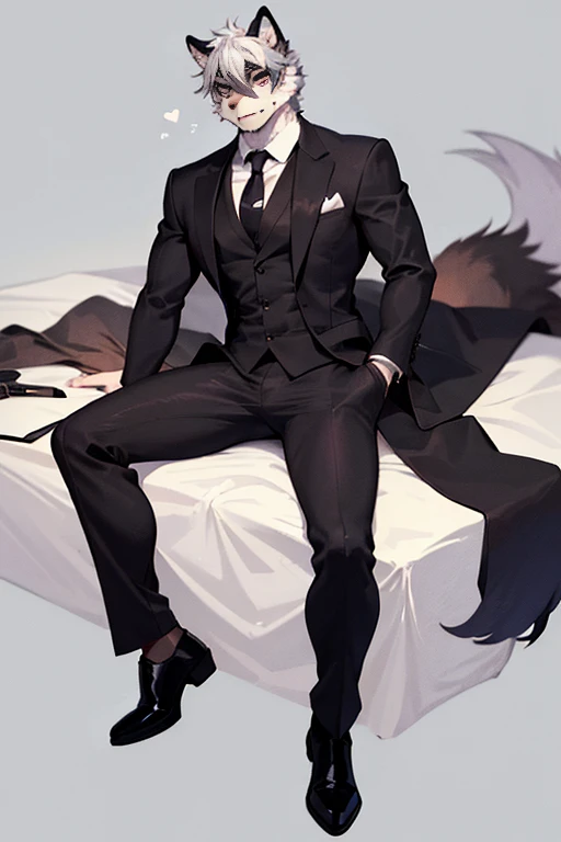 An Anime style Top Body and Right Side Body Picture of A Very Muscular Kemono Furry Style Gray Wolf. He is wearing A Long Black Tuxedo Suit with white shirt inside. his both hand are in his pocket. The background is white. He have Gray messy and spikey hair. He is looking at the viewer. His eyes are little gray But Mostly white. He is standing in the background. He look like a video game character. He is smiling and blushes with blushes on his face. His tail is sticking upward. He is shy. his mouth is little open