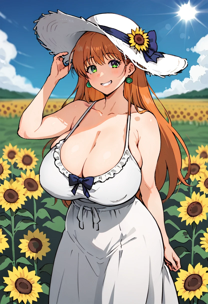 score_9, score_8_up, score_7_up, uncensored, 1girl, solo, hair ornamnet, long hair, orange hair, hat, solo, flower, dress, sunflower, outdoors, white dress, smile, long hair, looking at viewer, sky, bangs, breasts, closed mouth, smile, cloud, earrings, sundress, day, sun hat, blush, teeth, cleavage, :d, collarbone, jewelry, blue sky, straw hat, sleeveless dress, ribbon, summer, sleeveless, hand on headwear, mature female, MILF, 30yo, bare shoulders, bow, huge breasts, sagging breast, perfect female body, narrow waist, chubby, plump, BBW, field, sunflower field, yellow flower, hat ribbon, frilled dress, frills, standing, blurry, hat bow