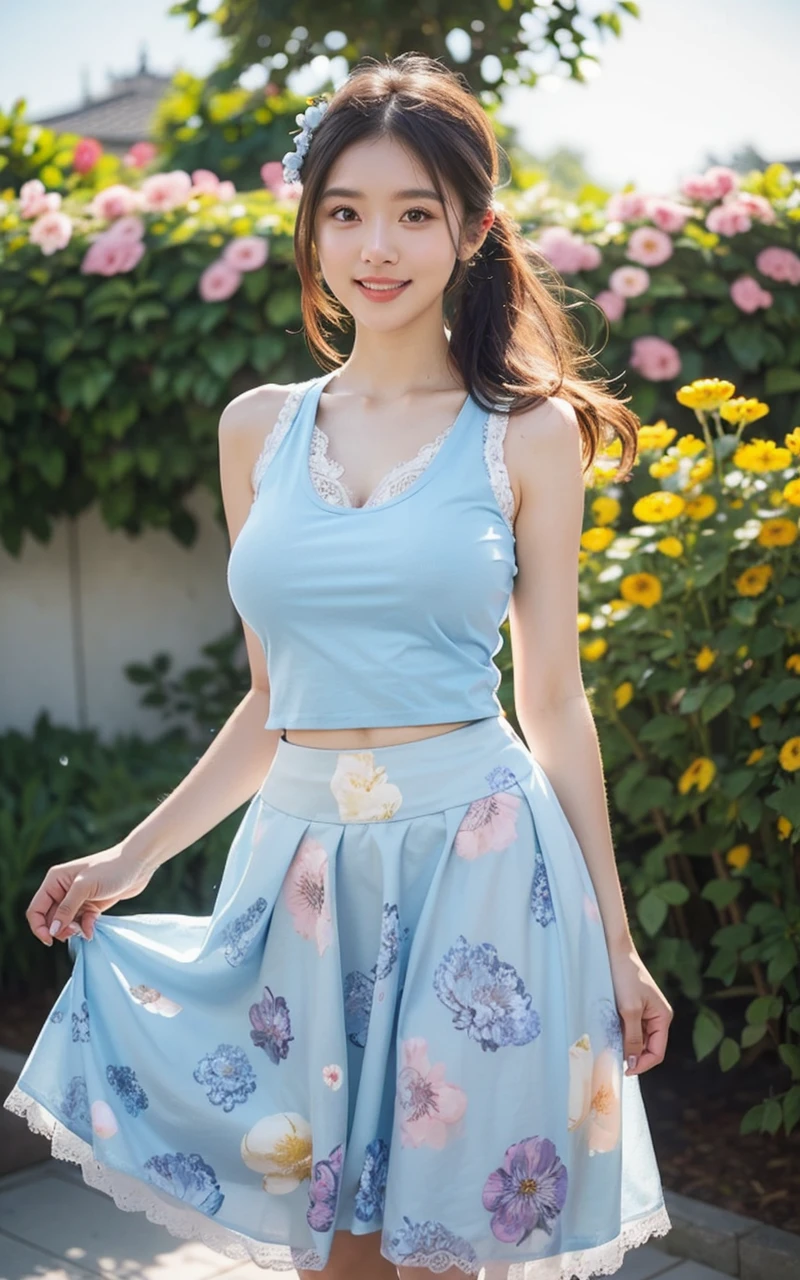 A woman in a blue dress standing in front of a bush - SeaArt AI