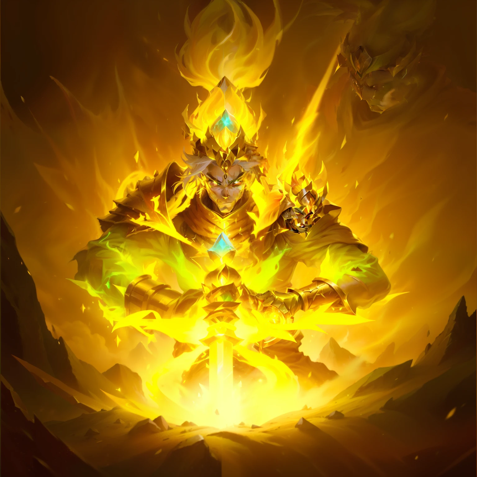 A man wearing a crown,Holding a sword in the ground, Holy Flame Crown Spell, Anti-dark glow power aura, Aura of power. Detailed, fire spell, Skill Icon,英雄联盟Skill Icon, League of Legends Inventory Items, Stylized game icons, League of Legends style,