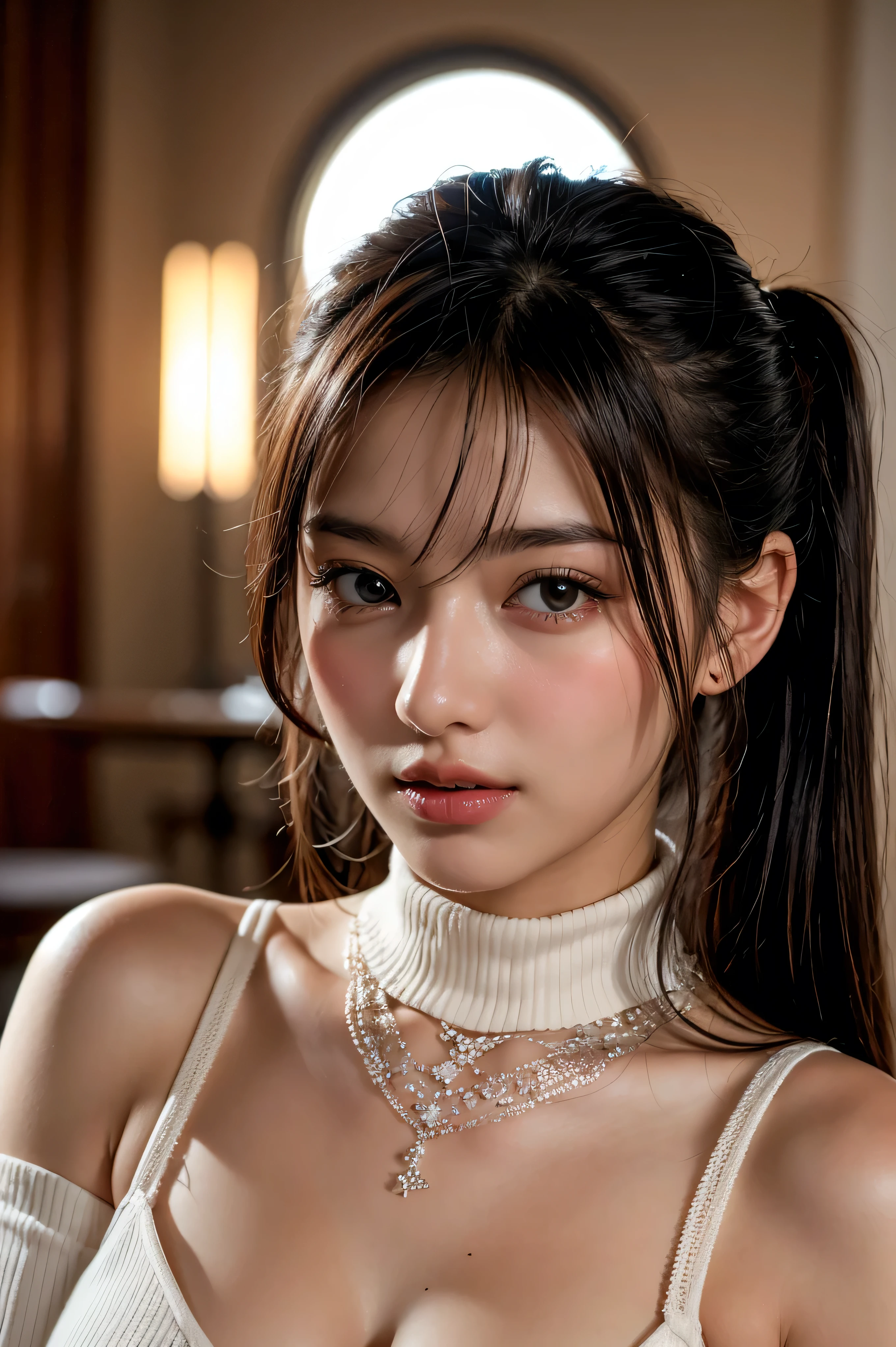 Ultra-high resolution, masterpiece, best quality, Perfect glowing skin, Perfect lighting, Detailed lighting, dramatic shadows, Ray Tracing, Black Sweater, Looking at the audience, Off-shoulder, Large Breasts, Cleavage暴露, (Huge sagging breasts、Cleavage,)),cleveage、, Thick thighs,Perfect body blue eyes, National Foundation, ((Dark background)), Sexy face, Facial expressions of happiness, Open Mouse,