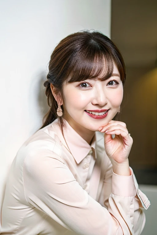 highest quality, masterpiece, ultra high resolution, (realistic:1.4),very detailed,professional lighting smile,black hair、toothy smile、black hair、ear piercing、necklace around neck