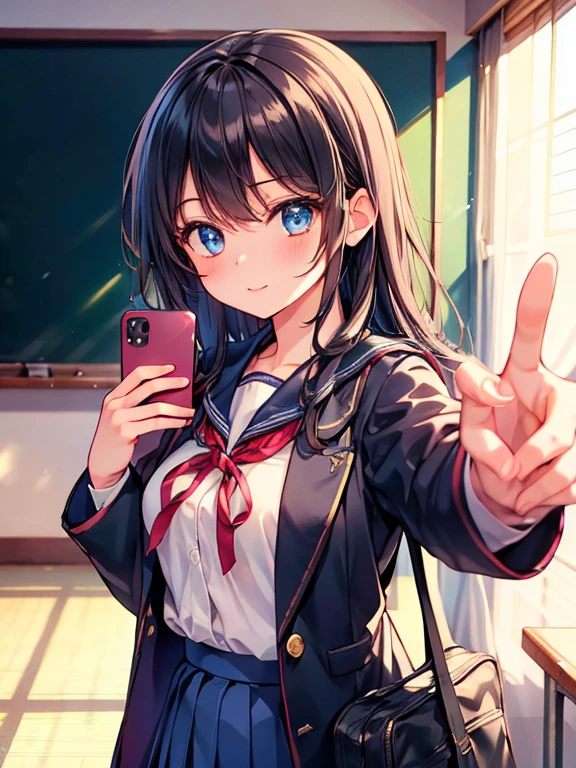 masterpiece, Best Quality, High resolution,Alone, Accurate human body、Correct 5 fingers,Long Hair,woman taking a selfie in a School uniform, Student Uniform, Wearing a jacket and skirt, Sailor suit with loose coat collar, japanese School uniform, Seifuku, JK uniform, japanese girl School uniform, wearing School uniform, High school girl, School uniform, wearing japanese School uniform, wearing a School uniform, magic School uniform, 超写実的なHigh school girl, A lovely woman,Uniform soft illumination, Shadows are minimal, Quiet and tranquil atmosphere, Front View, Shallow depth of field, Well-balanced exposure