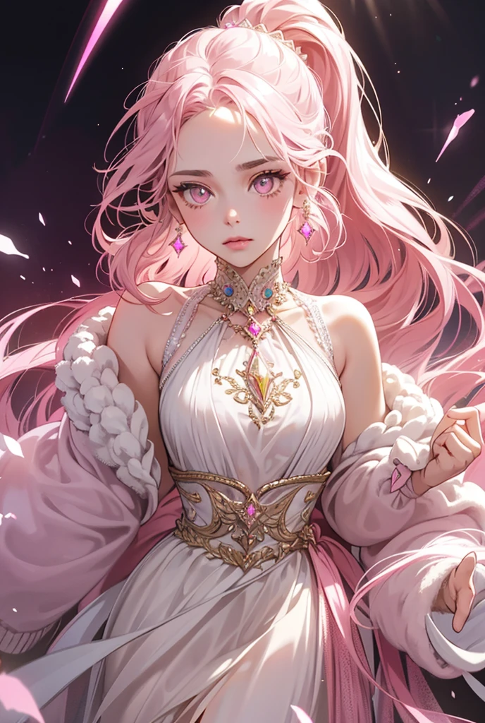 a girl with pink wavy hair, white strands framing her face, hair tied in a ponytail, wearing crystal earrings and crystal shoes, long asymmetrical dress, white eyes, masterpiece, extremely detailed, high definition, ultra-detailed, super high resolution, award-winning, photorealistic, dramatic lighting, cinematic, fantasy, magical, glowing pendant projection