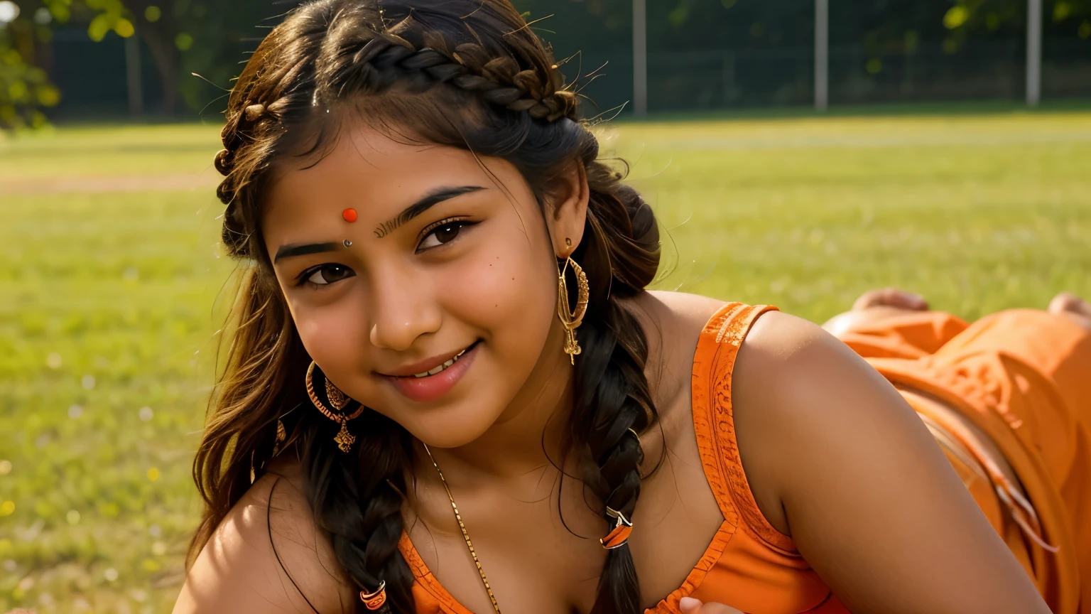 Indian college girl, ((playing ,touching ,squeezing ,grabbing )), person, (school uniform, braided hair ), (wide angel ),outside the athletic field, (chubby), photorealistic, detail, skin texture, super detail, delicate and sexy collarbone, smile, super detailed face, detailed lips, detailed eyes, double eyelids, big breasts with bra