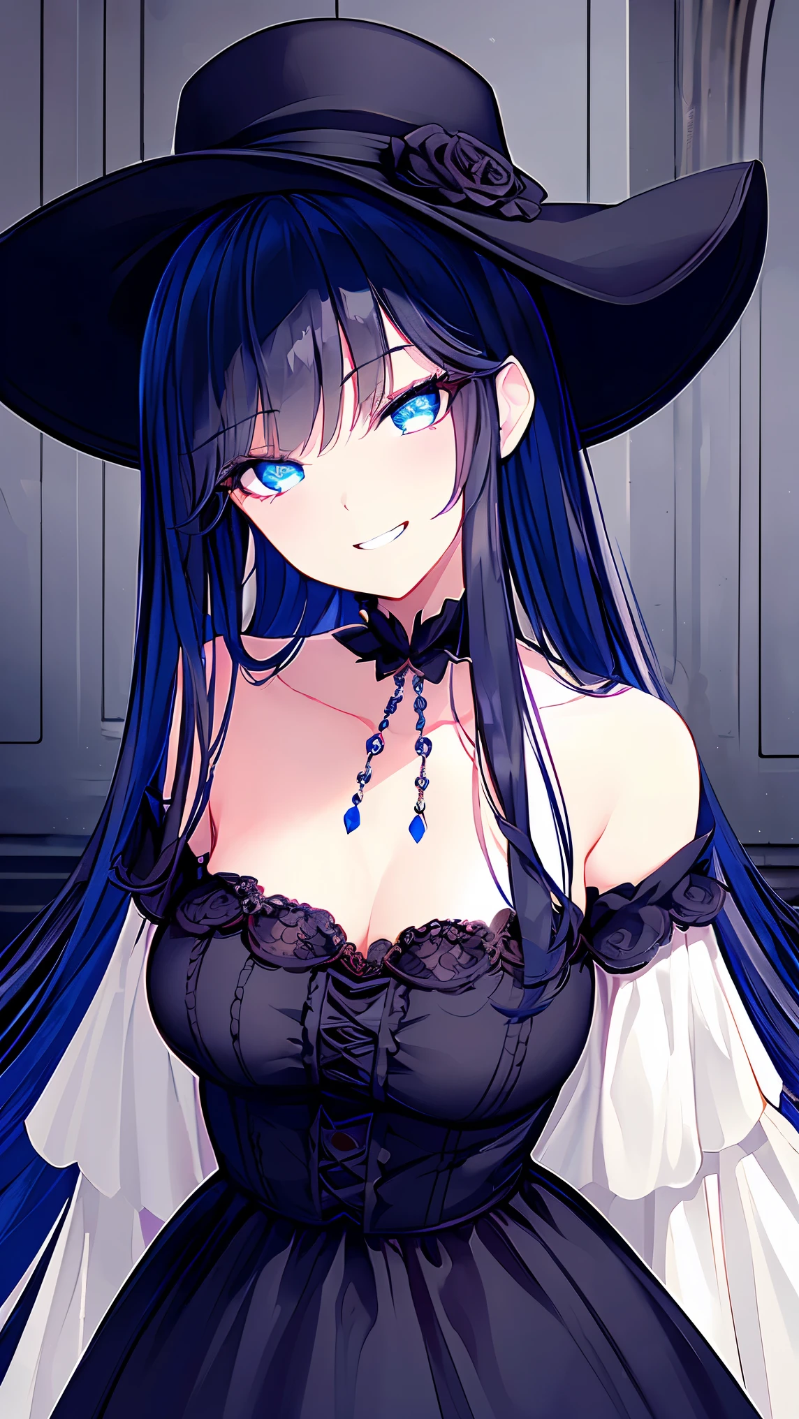 (masterpiece), high details, high quality, (best quality), (super detail), perfect detailed eyes, perfect detailed face, Gothic art, chiaroscuro, dark blue hair, very long hair, tokin hat, A provocative look, a grin, Off the shoulder, Immoral, decadent, Old castle, cowboy shot, Gothic ****ta, Gothic ****ta Dress