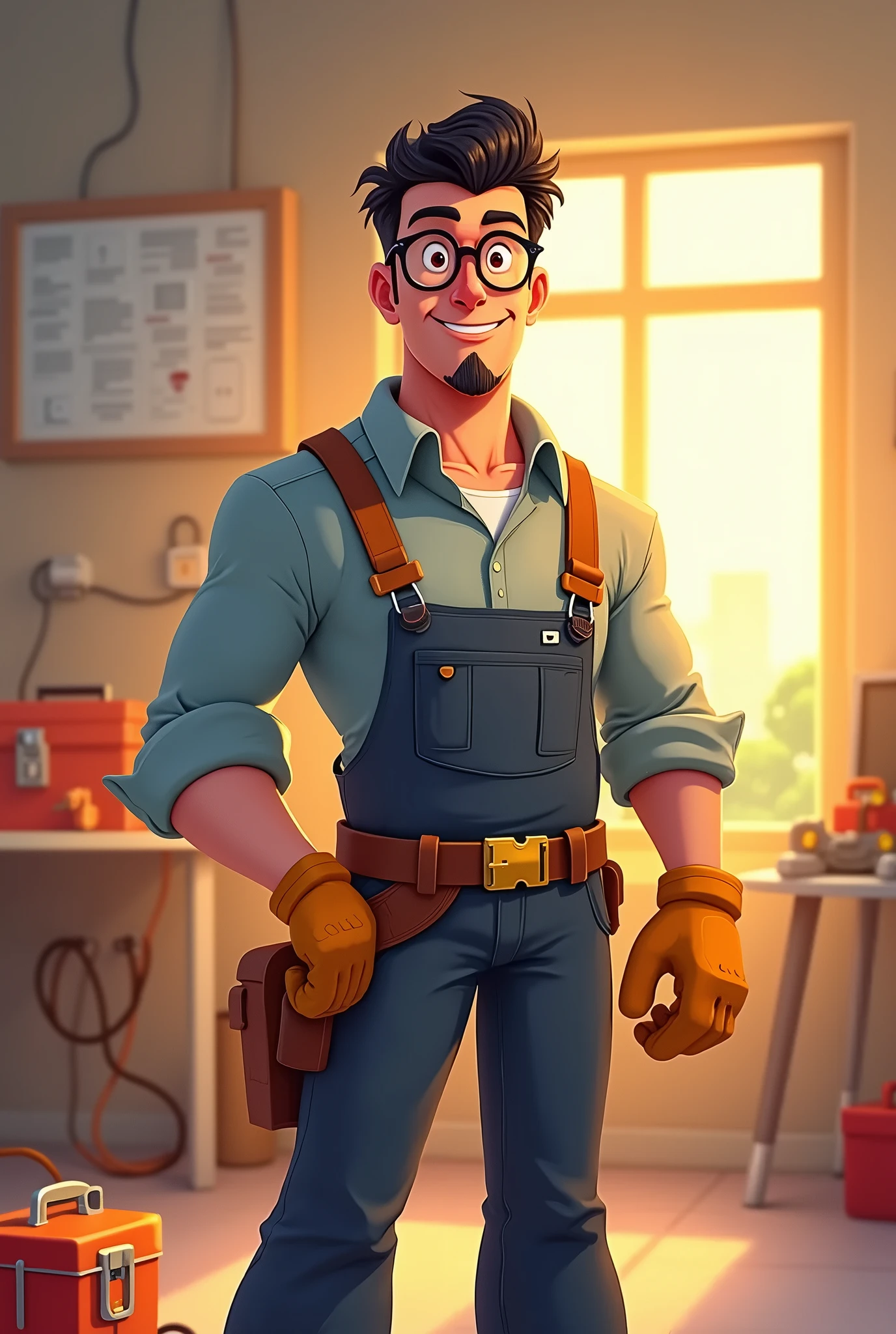 An animated-style image of a tall, dark-haired man with glasses and a goatee, dressed as an electrician. He is wearing a work uniform, utility belt with tools, and protective gloves. The setting is a bright and organized workspace, with electrical wires, outlets, and a toolbox nearby. The character has a confident and friendly expression, with a slightly cartoonish design and soft features, giving a professional yet approachable vibe, but without a mustache pessoa morena cor pele ebano