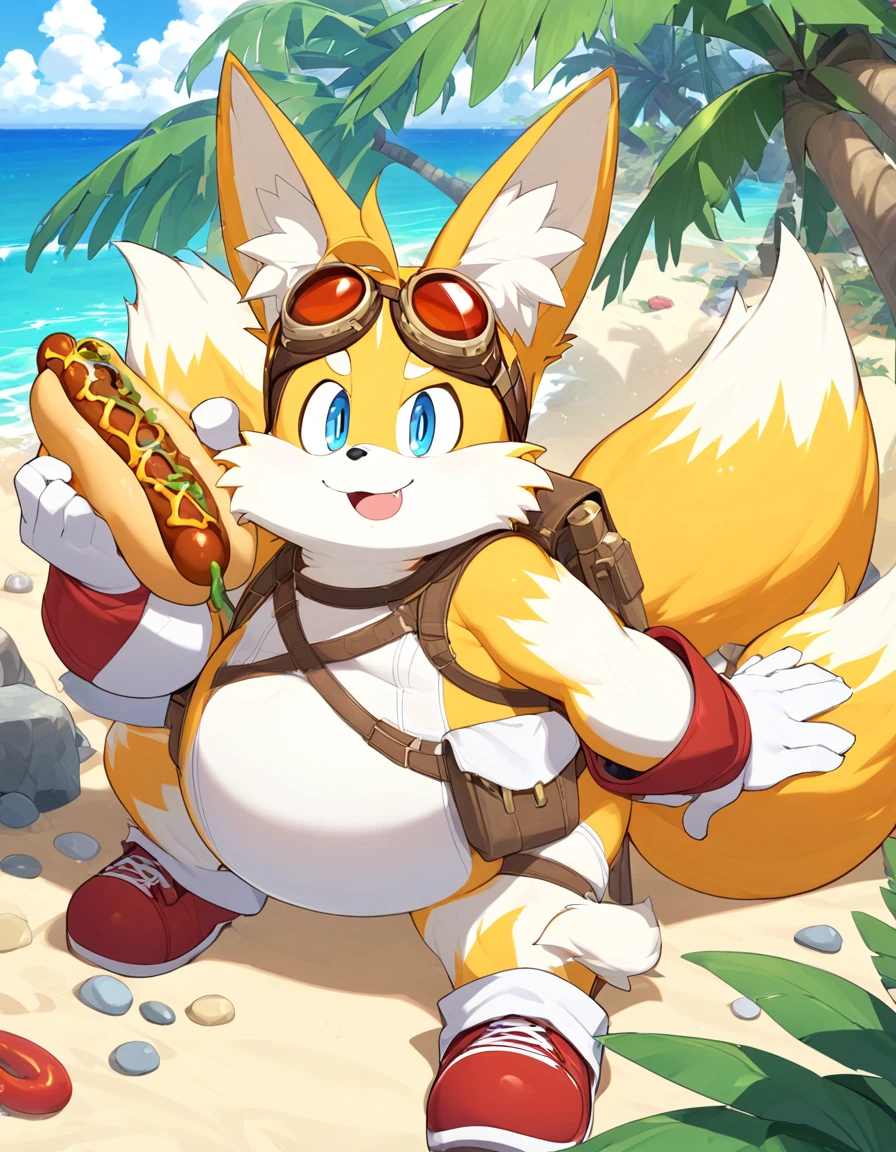 obese tails_boom, solo, obese body, smile, blue eyes, gloves, 1boy, animal ears, male focus, white gloves, fox ears, two tails in back, goggles, big checks, eating chili dog, thick thighs, cute, furry, goggles on ,furry male, animal nose, fox boy,  ocean, forest, coast, sand, red shoes, palm, palms, trees, stones