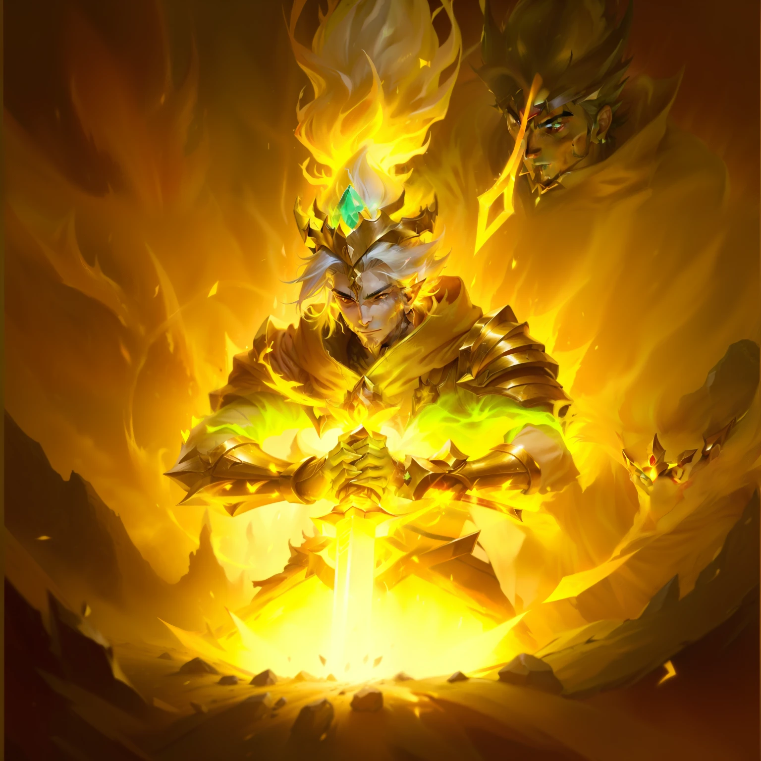 （Close-up of a man wearing a crown：1），Holding a sword in the ground， Holy Flame Crown Spell, Anti-dark glow power aura, Aura of power. Detailed, fire spell, Skill Icon，英雄联盟Skill Icon， League of Legends Inventory Items， Stylized game icons， League of Legends style，
