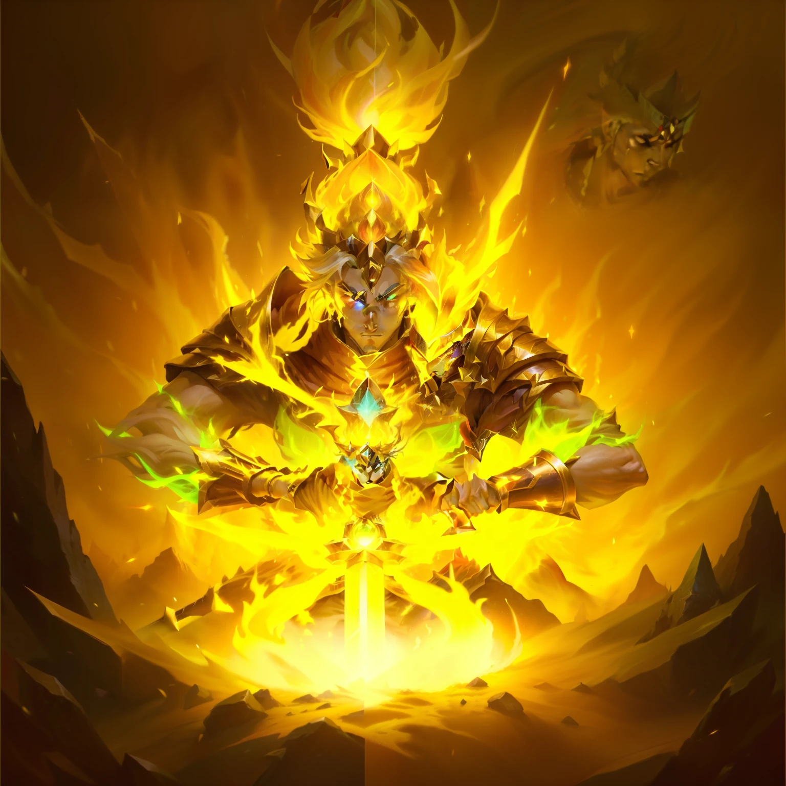 A man wearing a crown，Holding a sword in the ground， Holy Flame Crown Spell, Anti-dark glow power aura, Aura of power. Detailed, fire spell, Skill Icon，英雄联盟Skill Icon， League of Legends Inventory Items， Stylized game icons， League of Legends style，
