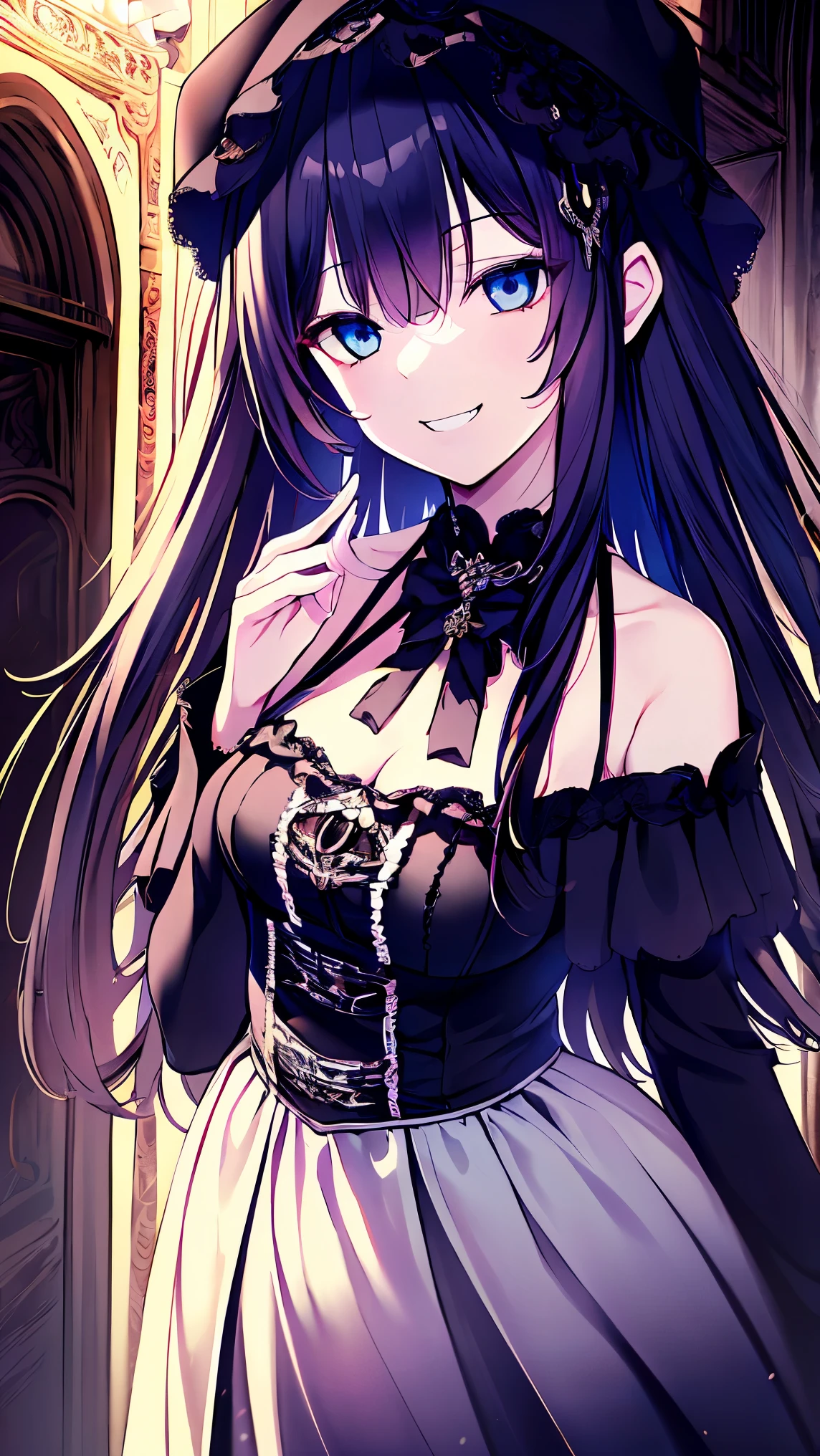 Dark hair　blue eyess　Twin-tailed　borgar　Halloween　White lace dress　pumpkins　​masterpiece　Top image quality　Clear　anime colours　cinematic shadow　Increased attractiveness of the eyes　Clear the shine of the eyes　Draw eyelashes neatly　Perfect Eye　A detailed eye　Sharpen image quality　Sharpen eye writing　Clear eye shape