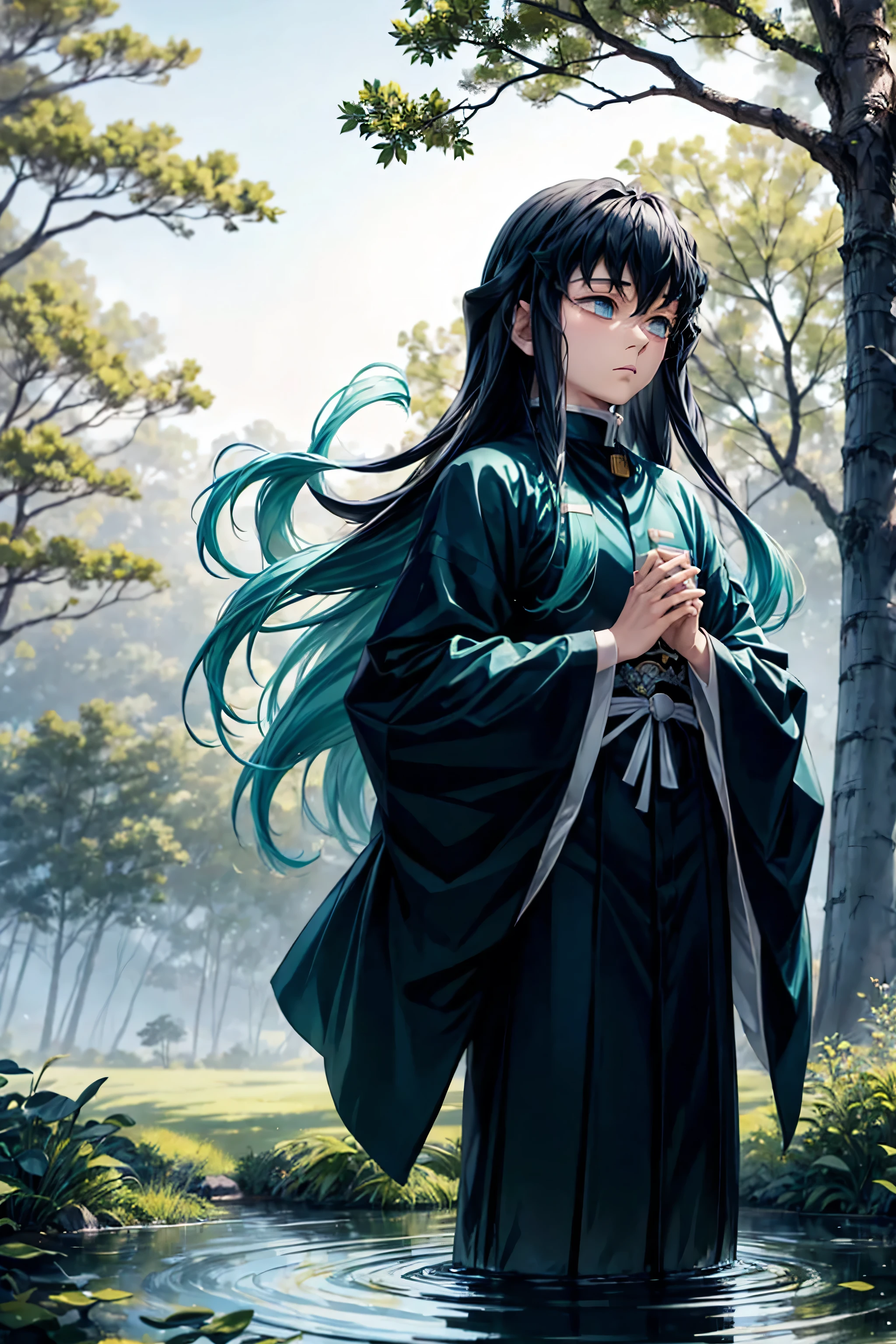 Muichiro Tokito from Demon Slayer, standing calmly in a tranquil environment inspired by his color palette. The scene is filled with soft pastel hues of turquoise, light blue, and white, reflecting his calm and composed nature. He is surrounded by a gentle mist, with soft sunlight filtering through, casting a serene glow around him. Muichiro’s long black and teal hair flows gently in the breeze, and his expression is peaceful and contemplative. The background is a misty forest with trees and small streams, all tinged with soft blue tones. Delicate particles of light float around, adding to the dreamlike atmosphere. High-resolution details on his face, hair, and outfit. No distortions or artifacts.