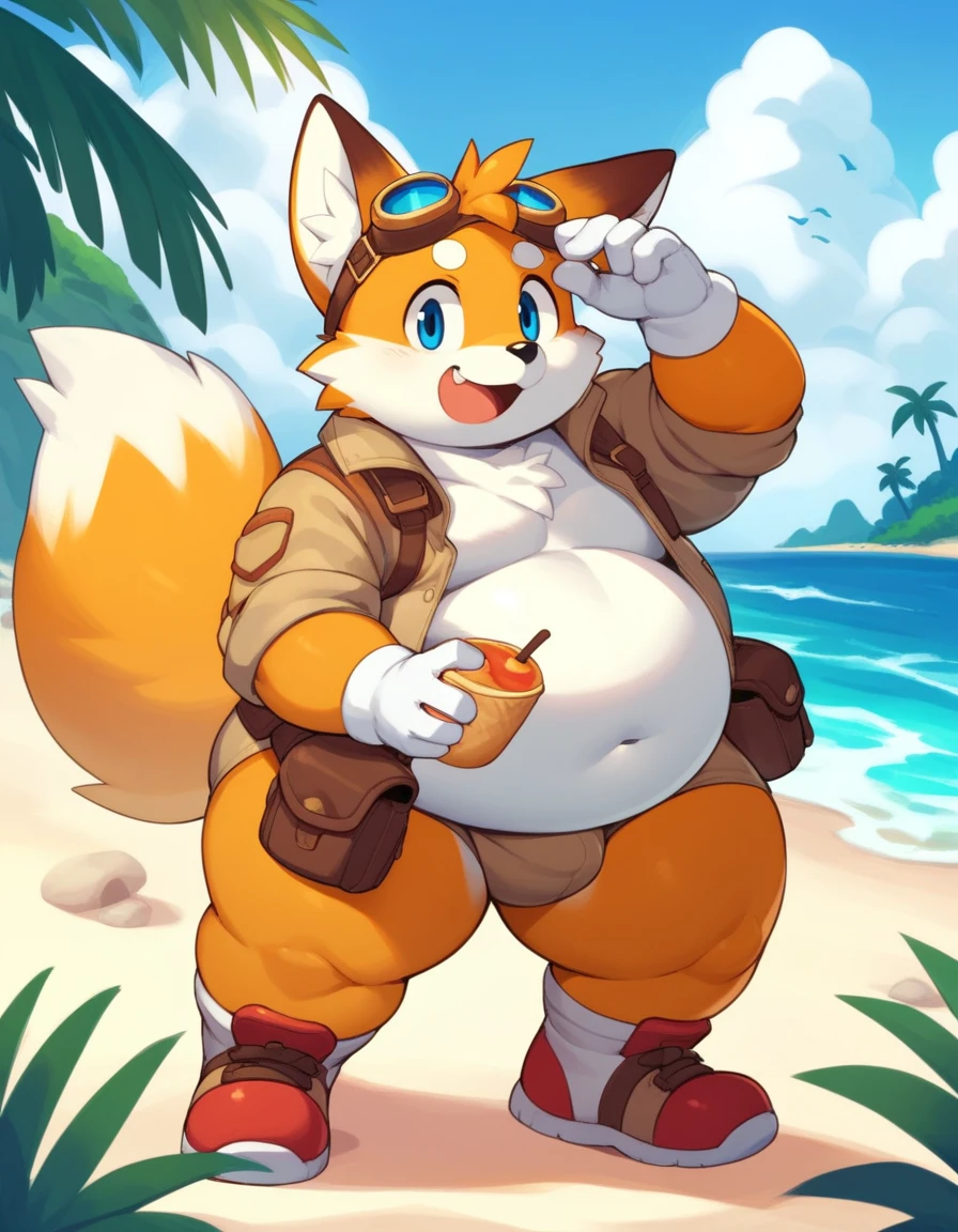 obese tails_boom, solo, obese body, smile, blue eyes, gloves, 1boy, animal ears, male focus, white gloves, fox ears, two tails in back, goggles, big checks, eating chili dog, thick thighs, cute, furry, goggles on ,furry male, animal nose, fox boy,  ocean, forest, coast, sand, red shoes, palm, palms, trees, stones