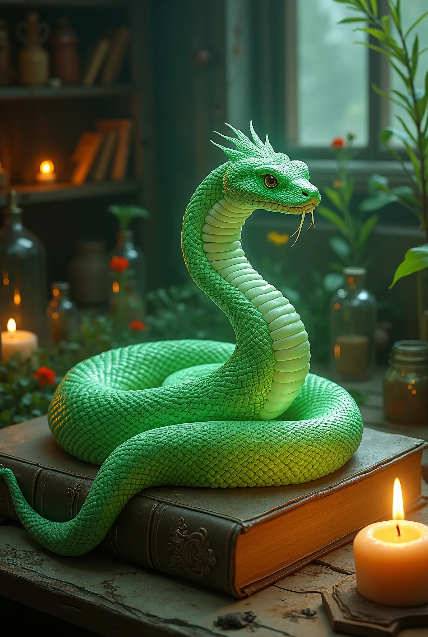 In the quiet solitude of an ancient apothecary's workshop, nestled among books of forgotten lore and potions of unimaginable potency, slumbers a Green Snake, coiled upon a tome of herbal wisdom. This creature, a muse to the master herbalist, glows with the deep green of pine boughs and the subtle luminescence of forest shadows. Its scales form a delicate mosaic reminiscent of leaves kissed by morning dew, and it exhales the faint aroma of fresh-cut herbs. Light from a flickering candle dances across the snake’s elegant form, casting its silhouette upon shelves lined with dried flowers and glass vials. Each serpentine movement is deliberate, weaving through the air like a thought in mid-dream, conjuring images of lush meadows and ancient groves. The gentle rustling of parchment mixes with the soft hiss of the snake’s breath, crafting a duet of tranquility that permeates the room—a sacred space where knowledge and nature are entwined.