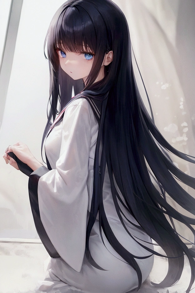 girl about 20. black long hair. the right eye is gray, the left is bright blue. small nose, plump red lips. На ней надет топ и шорты. У нее 