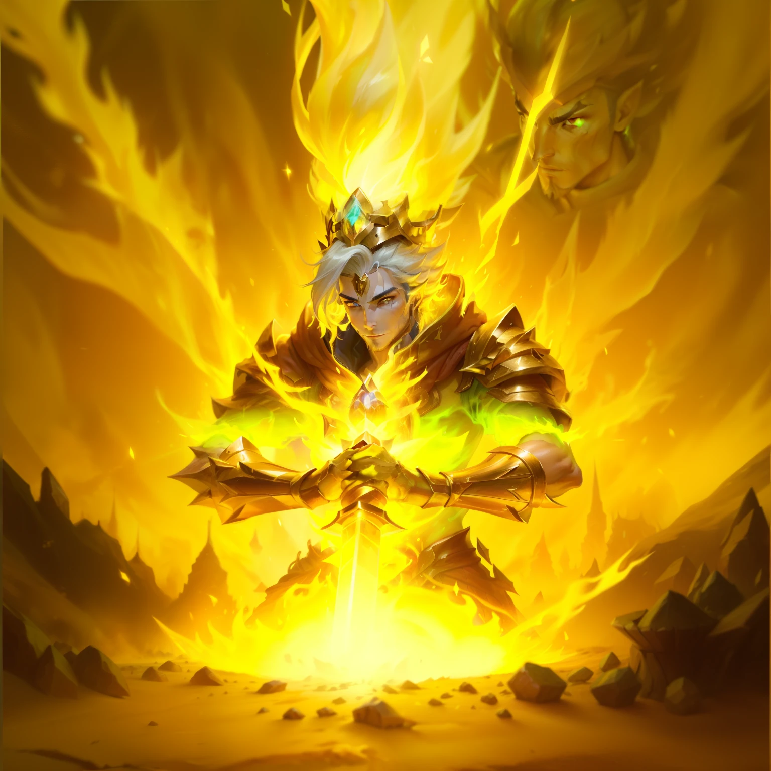 （Close-up of a man wearing a crown：1），Holding a sword in the ground， Holy Flame Crown Spell, Anti-dark glow power aura, Aura of power. Detailed, fire spell, Skill Icon，英雄联盟Skill Icon， League of Legends Inventory Items， Stylized game icons， League of Legends style，
