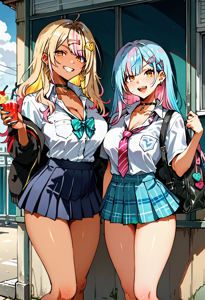 chloe von einzbern, illyasviel von einzbern, long hair, breasts, looking at viewer, blush, smile, open mouth, bangs, multiple girls, skirt, shirt, hair ornament, red eyes, 2girls, hair between eyes, sitting, underwear, school uniform, collarbone, white shirt, pink hair, white hair, short sleeves, heart, sidelocks, thighs, small breasts, socks, dark skin, black skirt, bra, grin, dark-skinned female, orange eyes, v, pink bra