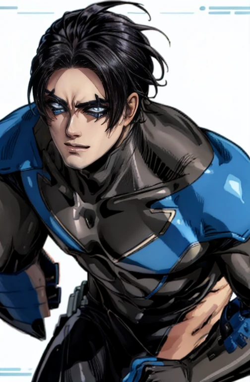 Nightwing Suit, Cute young man, Sexy Body, Tall, Shiny black hair, upright, shy, Little red face