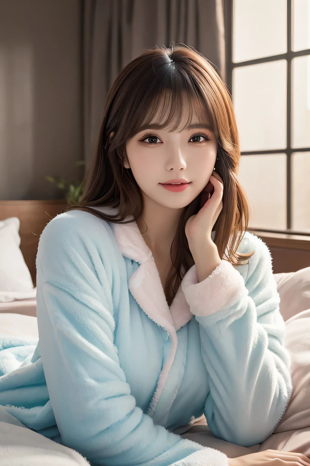 cyborg, android, (Masterpiece:1.3), (8K), (Best Quality:1.4), (UHD:1.2), (Photorealistic:1.3), (Raw Photography), (1girl), (Ultra High Detailed), (Detailed face), very perfect beautiful and cute face, (Detailed hair), Beautiful hair, bangs, (symmetrical eyes:1.3), (Detailed eyes), (Detailed skin), Realistic skin, shiny skin, Ultra high definition, (medium breasts:0.7), (slim figure), (super model figure), 20yo, best smile,
(wearing a Japanese pajamas, fluffy hooded pajamas, brushed pajamas:1.3, pajama zipper closes:1.3 ),
(sitting on the bed), western-style room