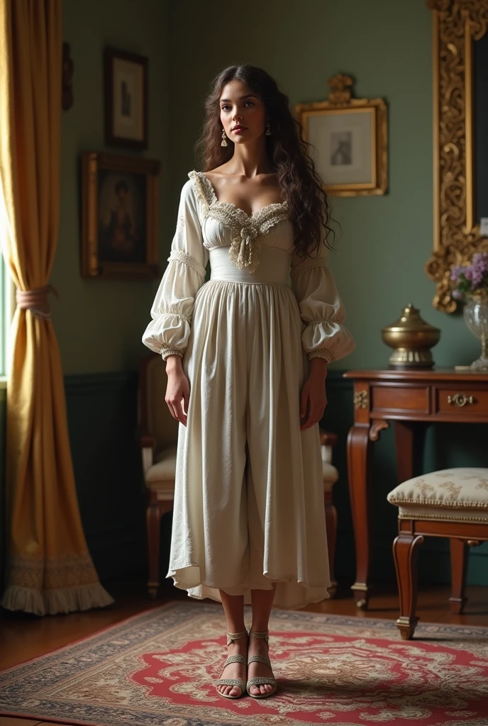 her name is Elle, high quality, 1girl, ((20-year-old fit Caucasian woman)), ((20 years old)), ((fit)), ((pale skin)), Beachy Waves dark hair , wearing Ivory Lace High-Neck Blouse + High-Waisted Wide-Leg Trousers, pose: standing, background: In the Uffizi Gallery, you move from room to room, each filled with Renaissance masterpieces. You find yourself captivated by Botticelli’s "The Birth of Venus." The soft whispers of other visitors and the scent of old varnish and polished wood fill the air, enhancing the gallery's historic charm.