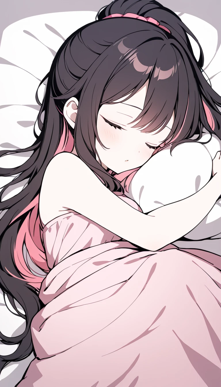 1 Girl, Medium Breasts, Raven Black Hair, Light Red Highlights In Hair, Ponytail Hair Style, Pink Ribbon In Hair, Long Hair, Light Red And Black Eyes, Pale Skin, Smooth Skin, Soft Features, Nice Lips, Cute Face, Cute Pink Clothes, Sleeping, Laying In bed, Wrapped up in Blankets, Half Asleep, Nightgown 