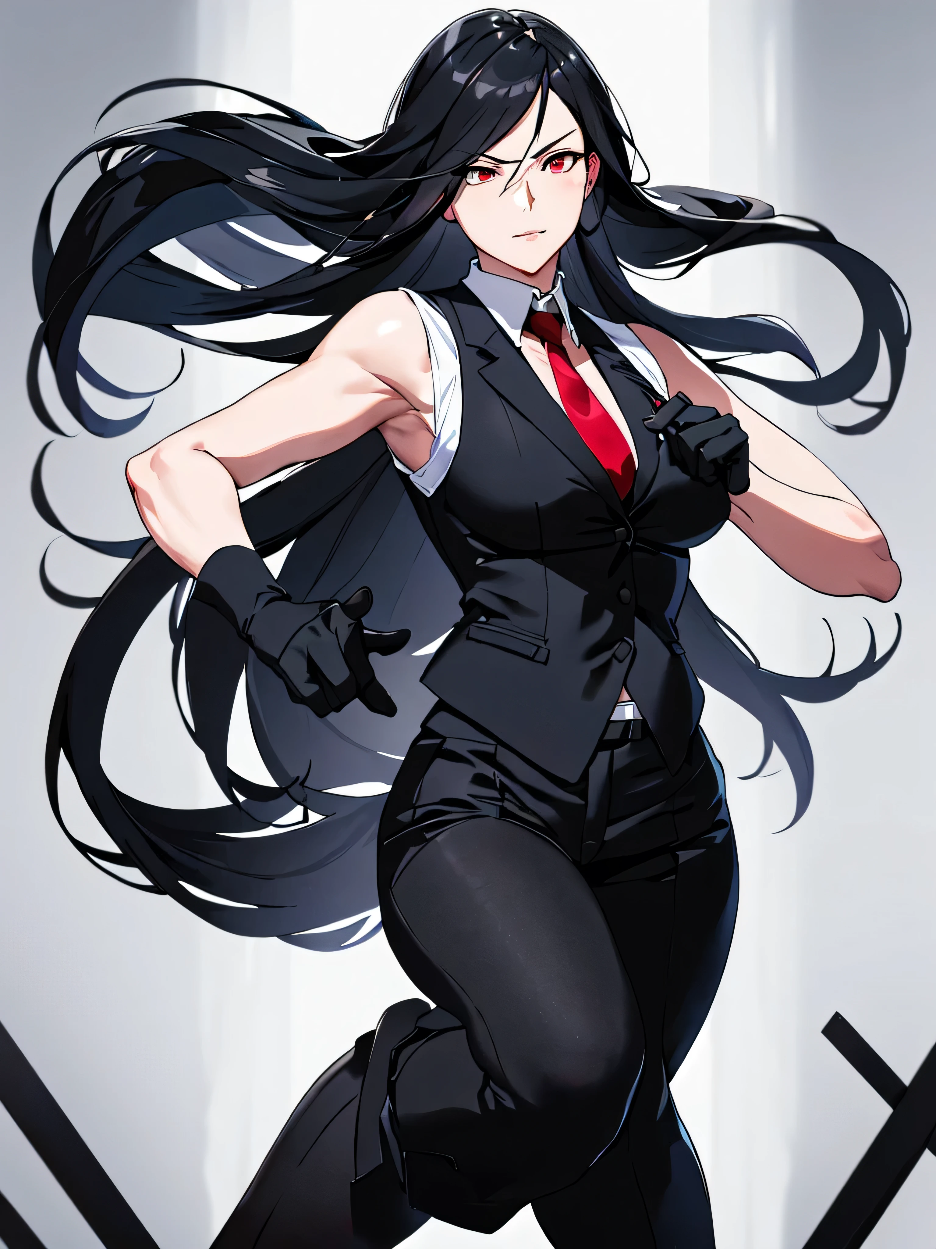 1 girl, 2, long black hair, handsome face, sleeveless business suit, red tie,show cleavage, long black pants, black leather gloves,fighting stance,high quality, masterpiece