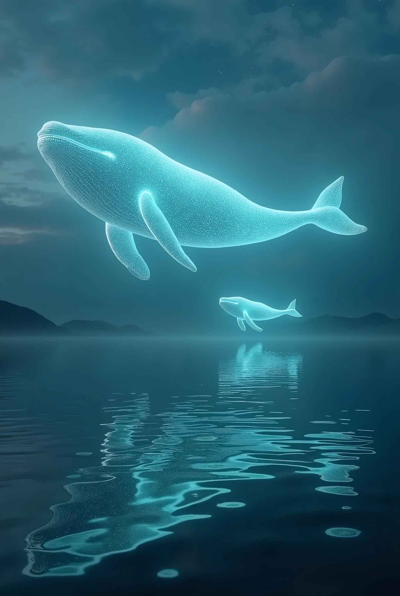 Picture a surreal twilight scene where a gigantic, radiant whale soars gracefully above an impossibly still lake, its surface a perfect mirror reflecting the creature's luminous form. The air is crisp and serene, with the first stars of evening starting to twinkle in the dusky sky. This ethereal leviathan, glowing with an incandescent turquoise light, creates a striking contrast against the deepening blues and purples of the evening. Its presence seems to bend reality; where the whale and the lake meet, the line between reflection and reality blurs. The reflection ripples gently, shimmering in mesmerizing patterns that play across the surface. In the water beneath, a mirrored version of the whale swims in perfect harmony, as if following an unseen synchrony. A gentle breeze carries with it the soft, melodic notes of the whale's haunting call, enchanting all who hear it with its ethereal beauty.