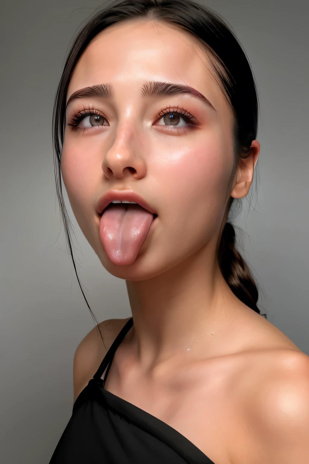 Taylor Hill、High resolution realistic photos,8k,Realistic Skin Textures,1 girl,Tabletop,Awards - Winning Photos, Very detailed, Close your eyes, Nose and mouth,Face Focus, Face close-up、Woman with open mouth and close your eyes, Black camisole、20 years old,Black-haired、Symmetrical face,Realistic nostrils、Angle from below((Gray background))、Sweaty skin、Lighting that emphasizes glowing skin caused by sweat、((Large and very detailed nose))Sweaty, shiny skin、Glowing Skin、Sweaty hair、sunlight、(Brow wrinkles)((Frowning))（cum on tongue)、Deep Kiss、((Thin eyebrows))((Oily skin、Glowing Skin))、Double Eyelids、Wet and shiny tongue、Hair tied up、updo、Please lift your head(((Long Tongue, Saliva traces)))((Super wet skin))(((The nasal septum appears wide[profile,nasal septum,[profile)))((Fine eyelashes,Beautifully detailed eyes))