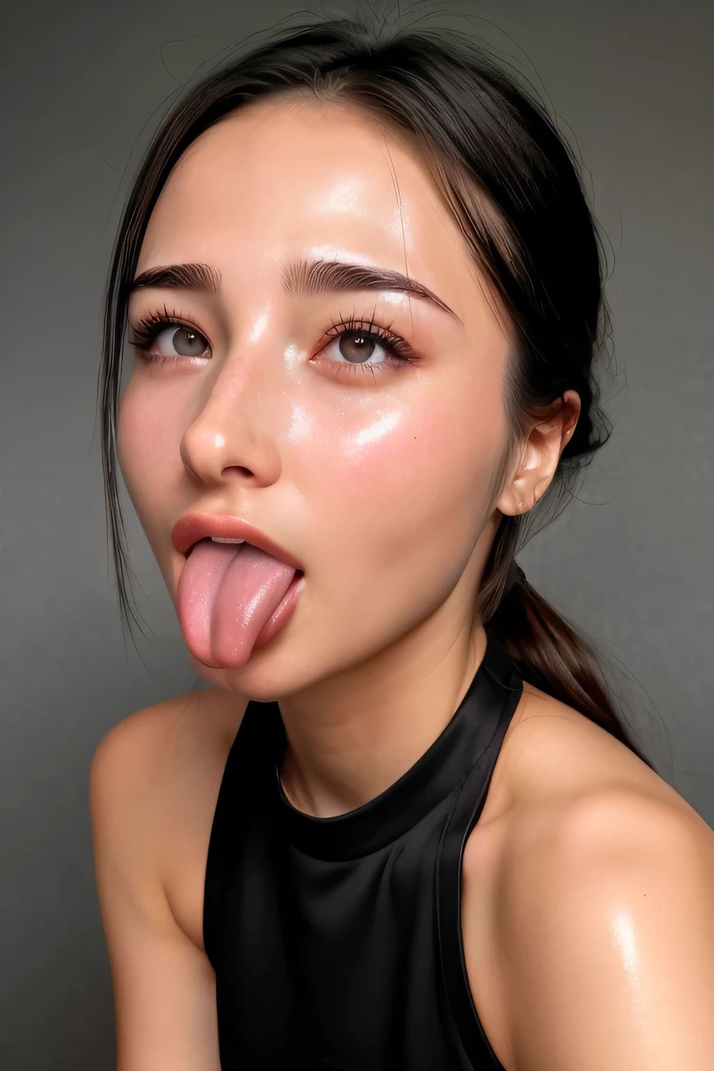 Taylor Hill、High resolution realistic photos,8k,Realistic Skin Textures,1 girl,Tabletop,Awards - Winning Photos, Very detailed, Close your eyes, Nose and mouth,Face Focus, Face close-up、Woman with open mouth and close your eyes, Black camisole、20 years old,Black-haired、Symmetrical face,Realistic nostrils、Angle from below((Gray background))、Sweaty skin、Lighting that emphasizes glowing skin caused by sweat、((Large and very detailed nose))Sweaty, shiny skin、Glowing Skin、Sweaty hair、sunlight、(Brow wrinkles)((Frowning))（cum on tongue)、Deep Kiss、((Thin eyebrows))((Oily skin、Glowing Skin))、Double Eyelids、Wet and shiny tongue、Hair tied up、updo、Please lift your head(((Long Tongue, Saliva traces)))((Super wet skin))(((The nasal septum appears wide[profile,nasal septum,[profile)))((Fine eyelashes,Beautifully detailed eyes))