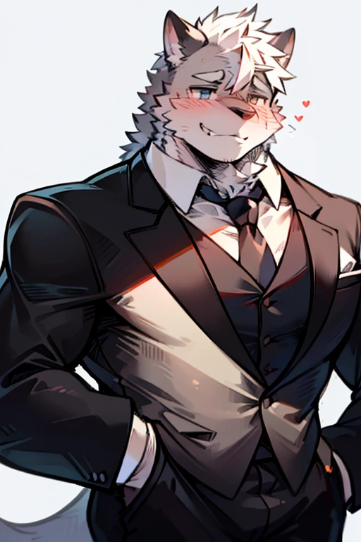 An Anime style And Focuses On The Top Body and Right Side Body Picture of A Very Muscular Kemono Furry Style Gray Wolf. He is wearing A Long Black Tuxedo Suit with white shirt inside. his both hand are in his pocket. The background is white. He have Gray messy and spikey hair. He is looking at the viewer. His eyes are little gray But Mostly white. He is standing in the background. He look like a video game character. He is smiling and blushes with blushes on his face. His tail is sticking upward. He is shy. his mouth is little open