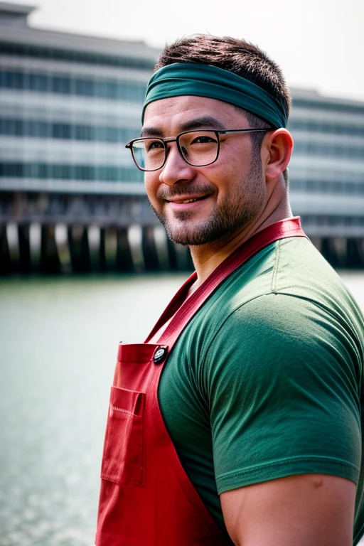 An award-winning original photo, A musclebear man, Japanese man, ((fisherman)), (30 years old daddy: 1.1), 1 man, Solo, white headband, (brown apron), green t shirt, broad shoulders, strong physique, bald, hairy arms, chubby and stout, stubbles (Detailed body), realistic eyes, (glasses), smiling, looking at viewer, lighting (Best quality, high resolution, Photorealistic), Cinematic lighting, Masterpiece, RAW photo, Intricate details, hdr, depth of field, upper body and face shot (realistic: 1.4), (from the front), pier in the background, daylight