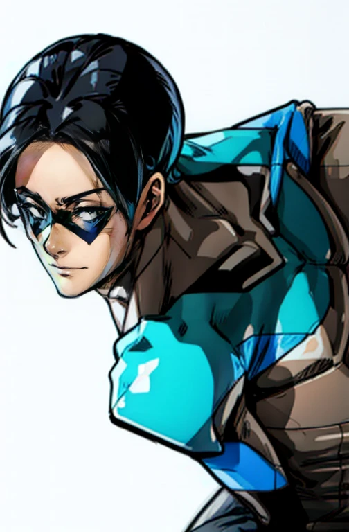 Nightwing Suit, Cute young man, Sexy Body, Tall, Shiny black hair, upright, shy, Little red face