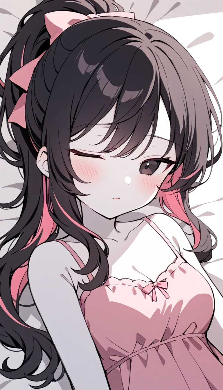 1 Girl, Medium Breasts, Raven Black Hair, Light Red Highlights In Hair, Ponytail Hair Style, Pink Ribbon In Hair, Long Hair, Light Red And Black Eyes, Pale Skin, Smooth Skin, Soft Features, Nice Lips, Cute Face, Cute Pink Clothes, Nightgown, Sleepy, Half Asleep, Tired 