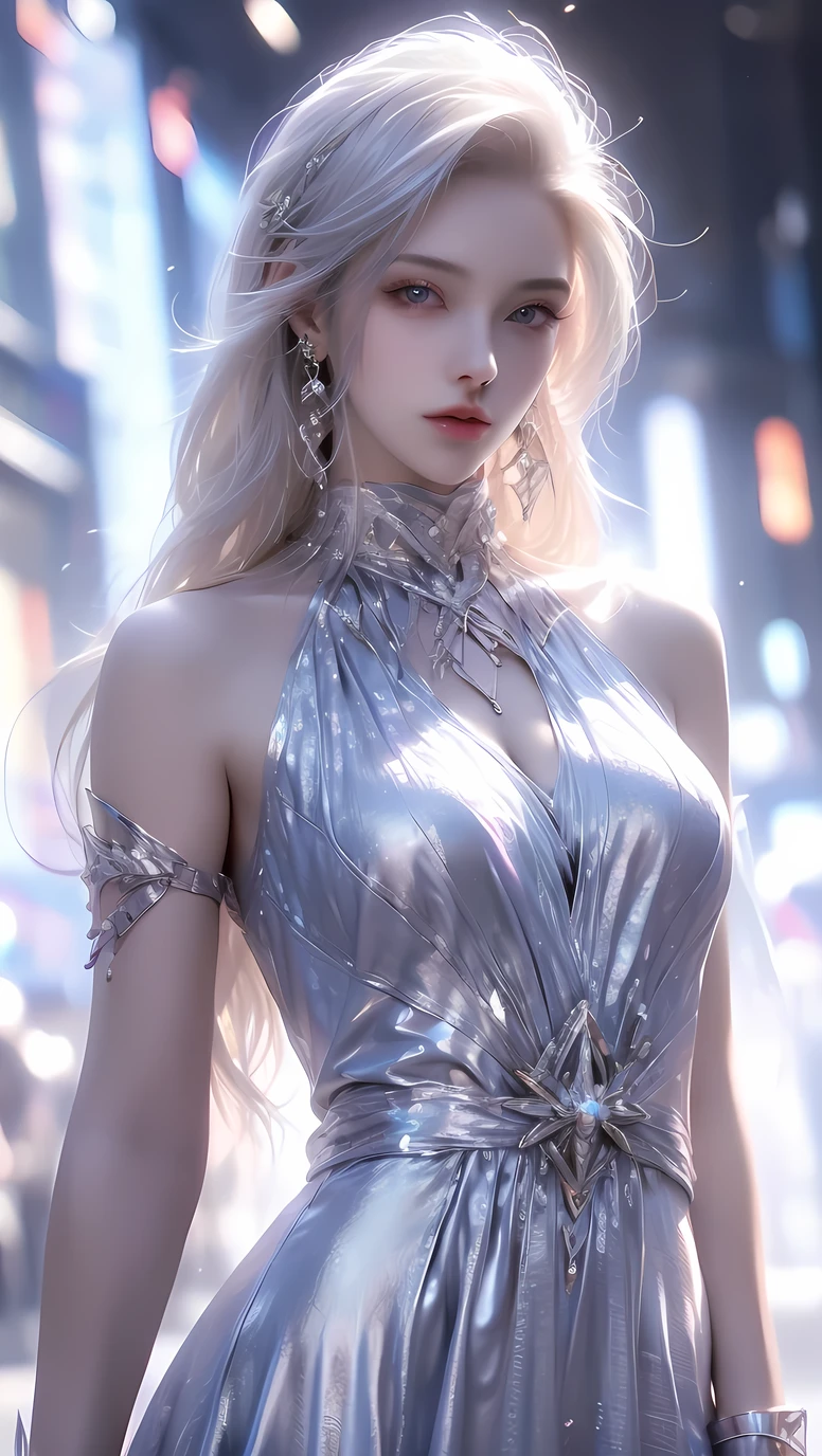 masterpiece, anatomically correct, accurate, textured skin, super detail, high quality, best quality, 8k, silver haired woman in dress, 1 woman, solo, sundress, photorealistic, realism, realistic, human