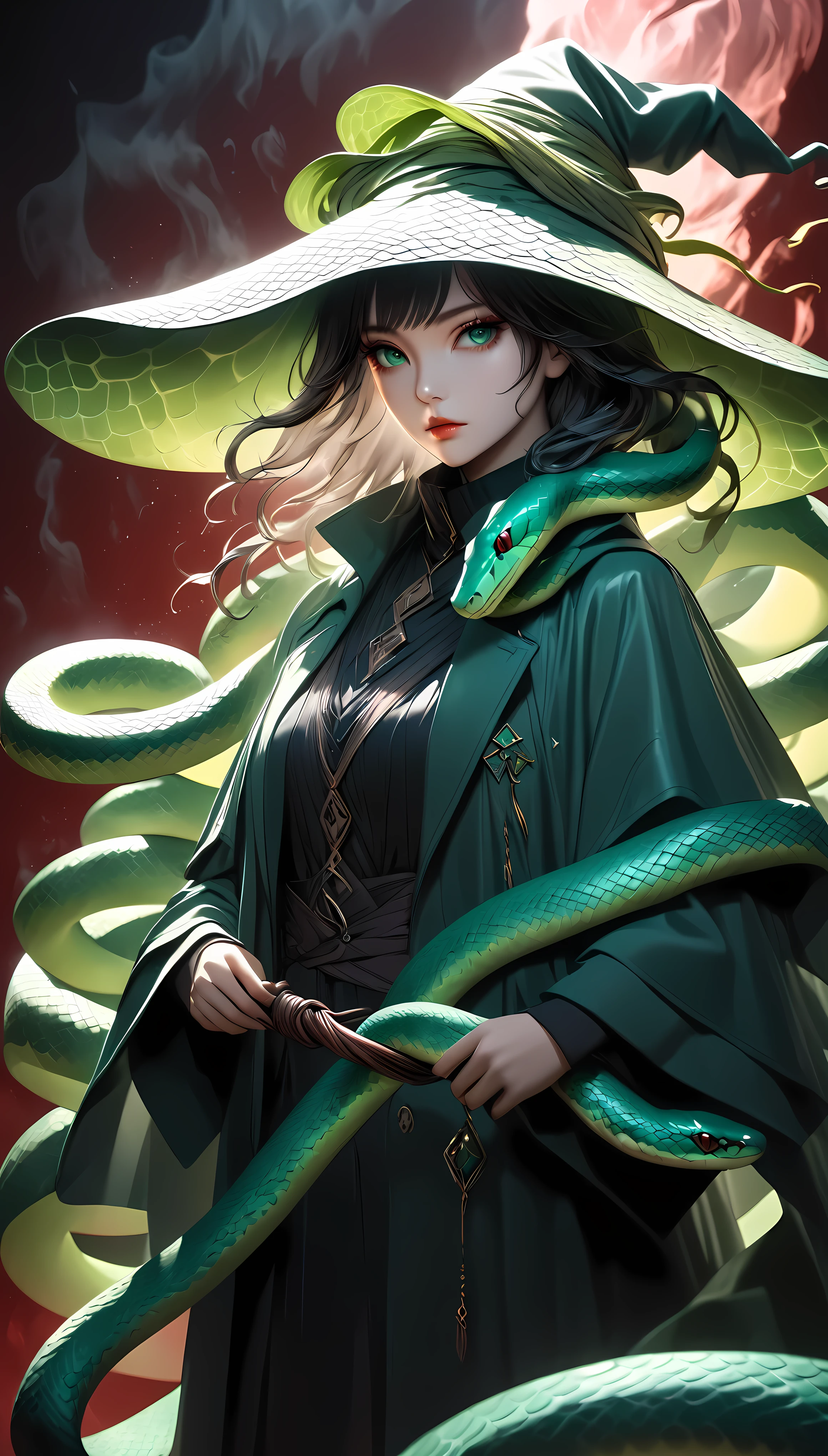 a mysterious snake-charming witch, solo, controlling a jade green snake, the snake coils around her body like a mystical garment, unconventional and mystical fashion sense, the green snake on guard, watching the viewer, conceptual art, minimalist red background, shrouded in a mystical mist-like overcoat, shimmering serpentine scales, highly detailed, 8k, photorealistic, dramatic lighting, dark fantasy, surreal, cinematic composition