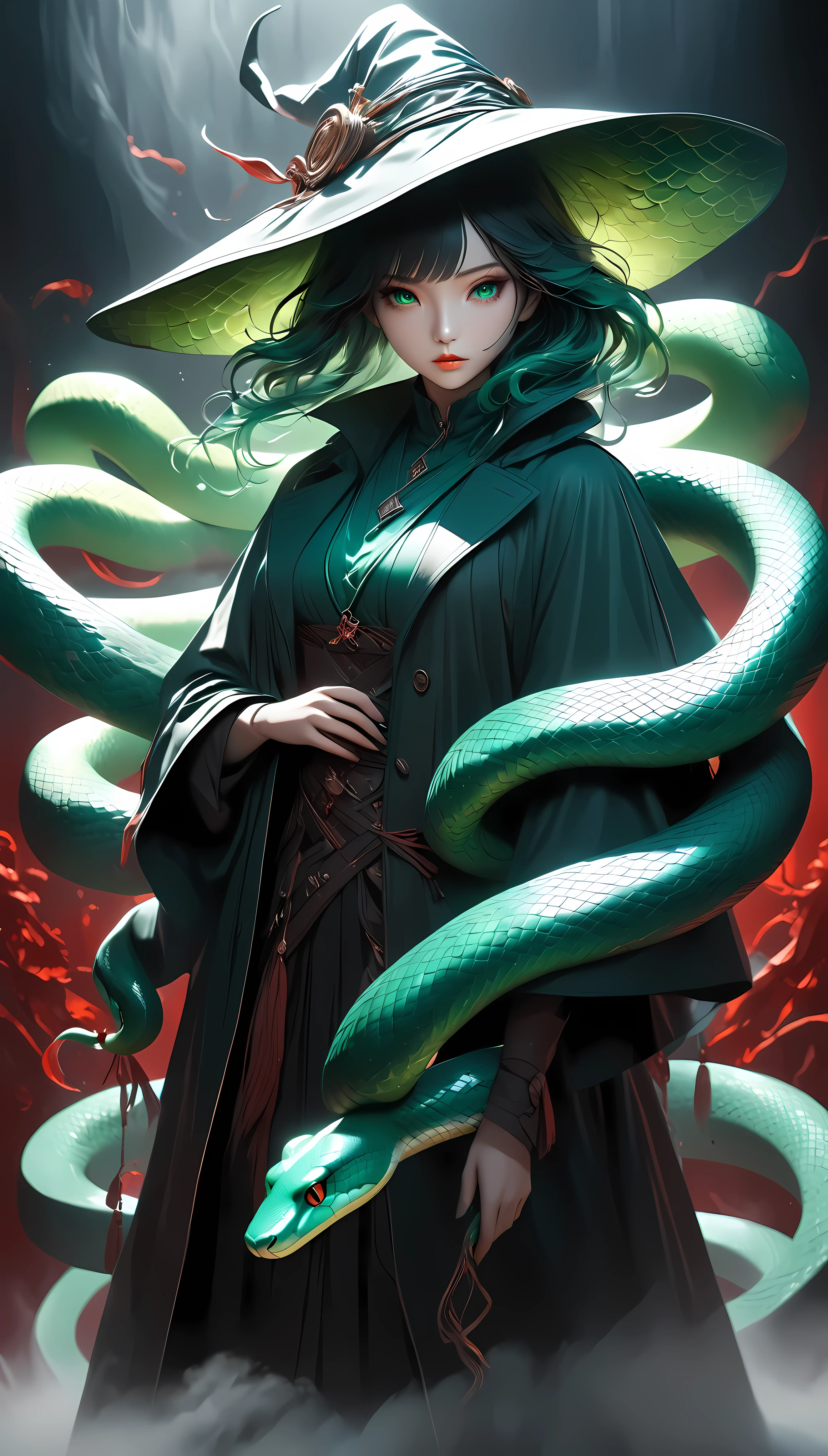 a mysterious snake-charming witch, solo, controlling a jade green snake, the snake coils around her body like a mystical garment, unconventional and mystical fashion sense, the green snake on guard, watching the viewer, conceptual art, minimalist red background, shrouded in a mystical mist-like overcoat, shimmering serpentine scales, highly detailed, 8k, photorealistic, dramatic lighting, dark fantasy, surreal, cinematic composition