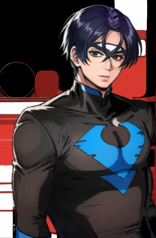 Nightwing Suit, Cute young man, Sexy Body, Tall, Shiny black hair, upright, shy, Little red face