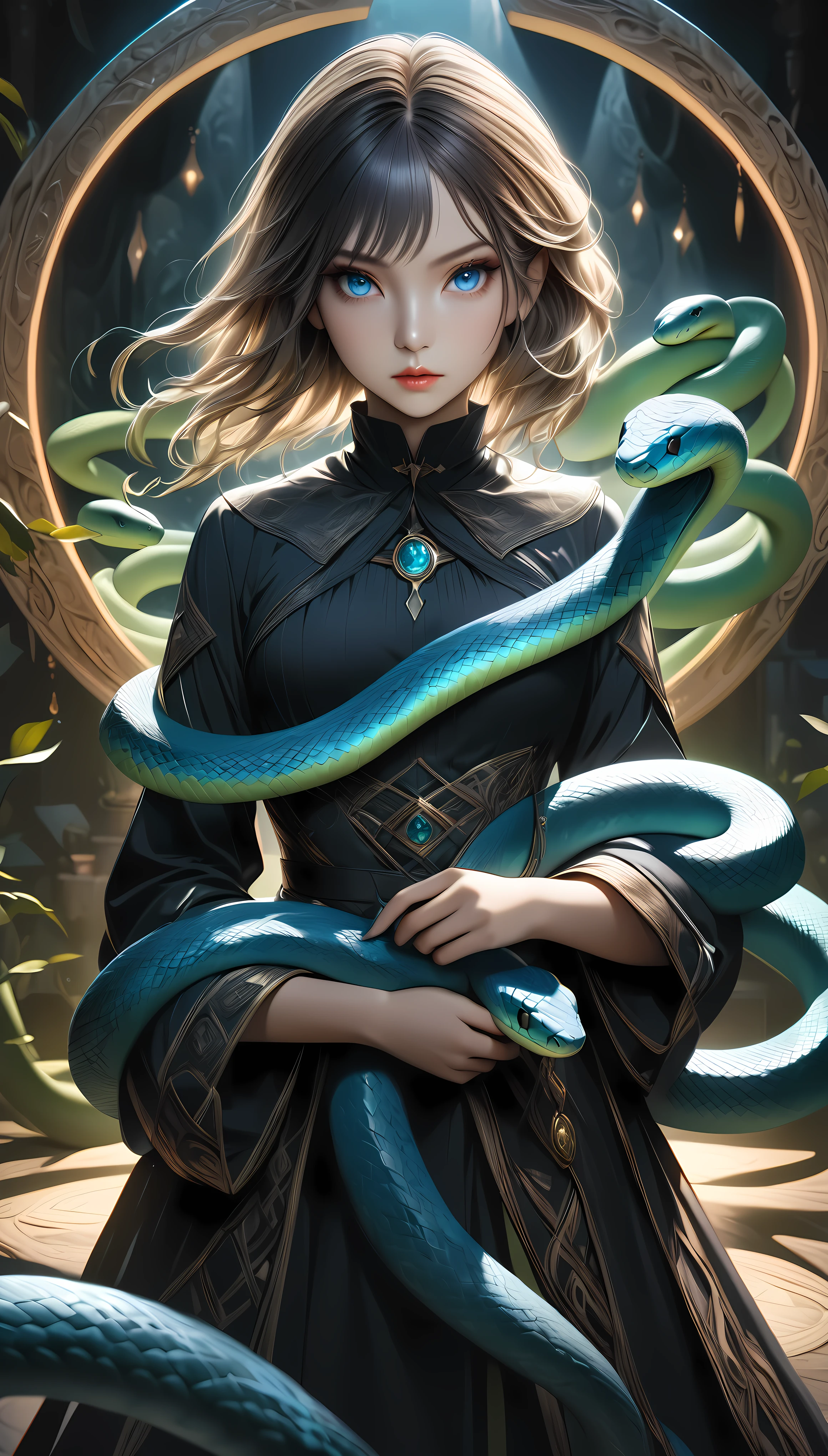 a young witch summoning and controlling a blue snake, the snake coiled around her body like a garment, green snake carefully guarding the viewer, intricate and mystical fashion sense, 1girl, highly detailed, hyper realistic, masterpiece, 8k, photorealistic, professional lighting, dramatic colors, cinematic atmosphere, intricate details, magical realism, surreal