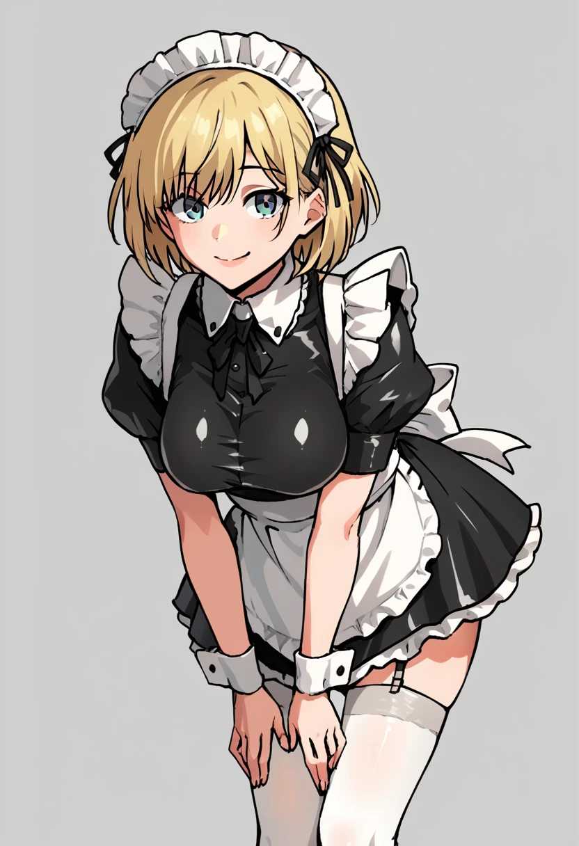 score_9, score_8_up, score_7_up, source_anime, 1girl, leaning forward, smile, bangs, breasts, maid headdress, maid, frills, latex dress, shinny, black dress, detached collar, puffy short sleeves, wrist cuffs, apron, white thighhighs, wavy short hair, blonde hair, looking at viewer,