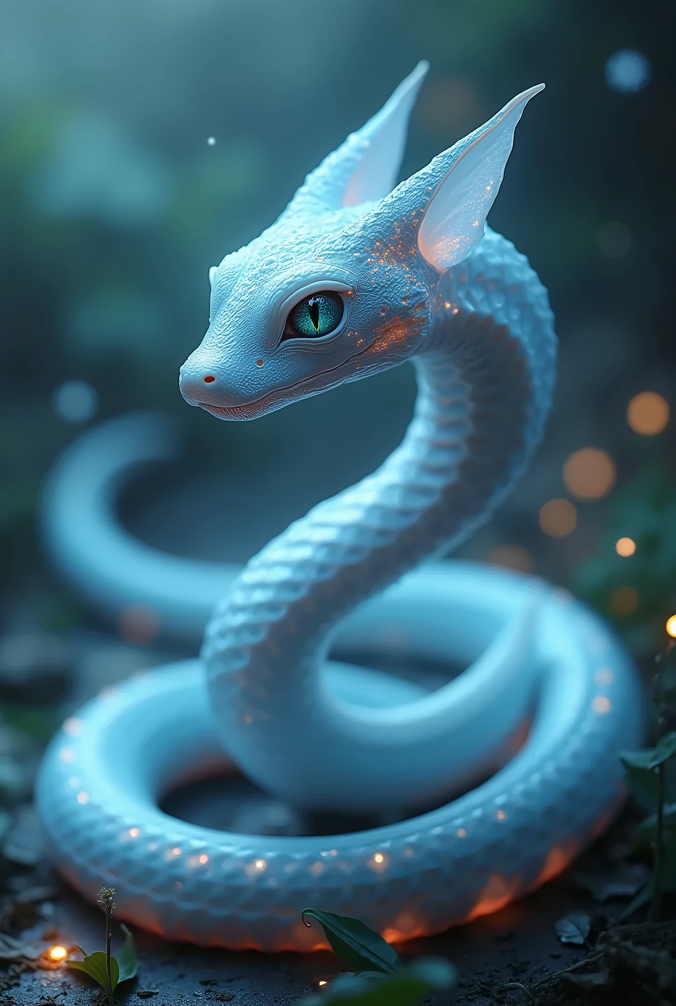 a beautiful, mystical, pale blue snake, ethereal, glowing, snakelike creature, coiled, slithering,opalescent scales, hypnotic eyes, detailed intricate patterns, ethereal lighting, mystical surreal atmosphere, fantasy digital art, highly detailed, masterpiece, cinematic lighting, jewel toned colors, photorealistic, 8k, best quality