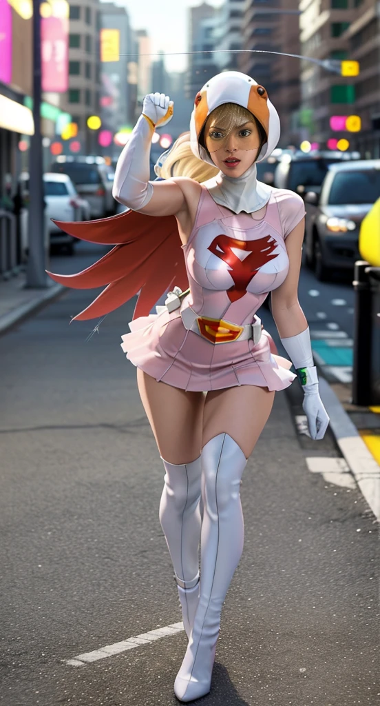 a girl in a gatchaman outfit, beautiful detailed eyes, beautiful detailed lips, extremely detailed eyes and face, long eyelashes, thick vertical striped pants, shopping in a busy street, medium: illustration, (best quality, 4k, 8k, highres, masterpiece:1.2), ultra-detailed, (realistic, photorealistic, photo-realistic:1.37), vibrant colors, dramatic lighting, cinematic composition, Hi3JTS, giga_busty,breasts